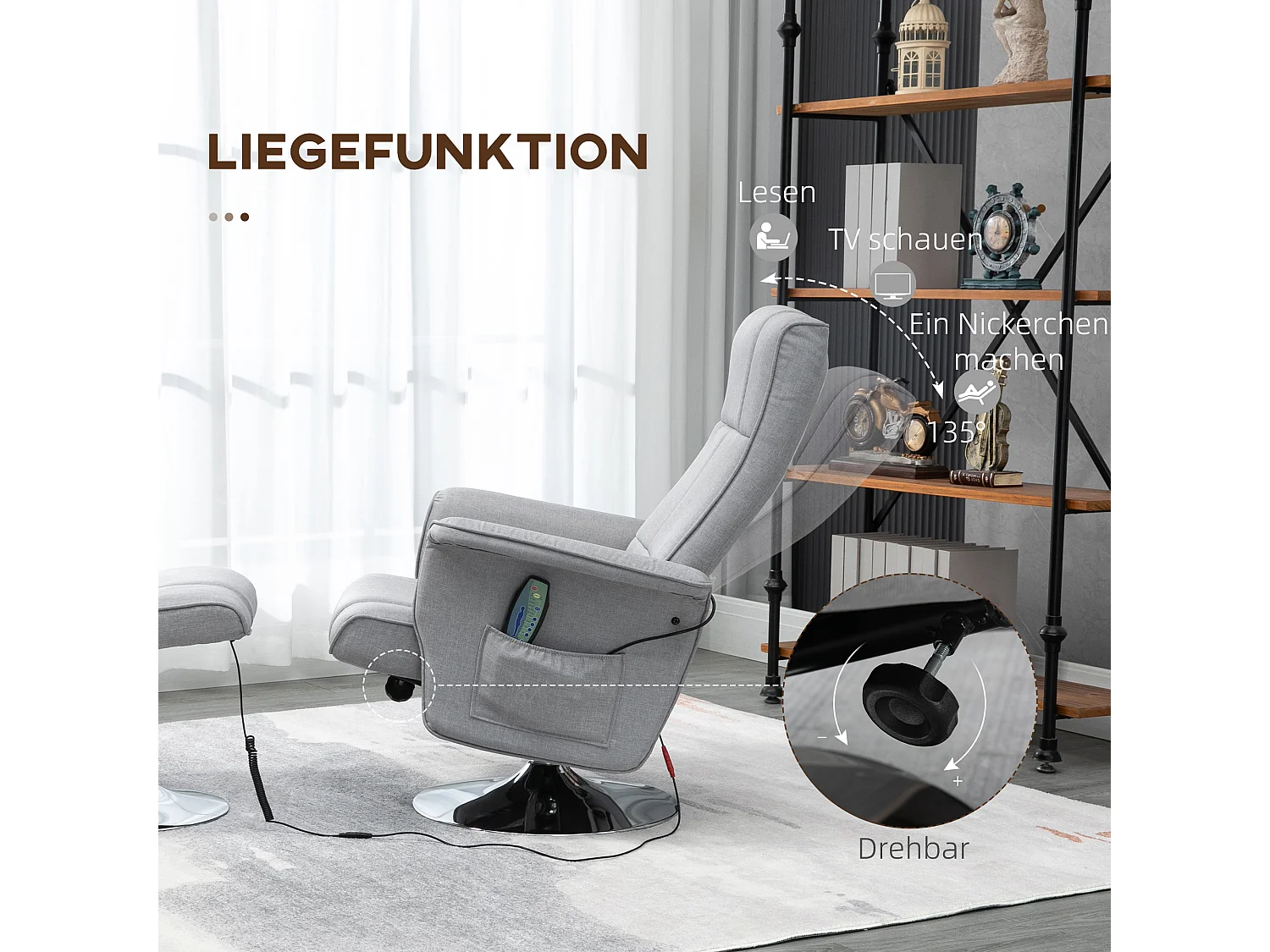 Fauteuil relax avec fonction de massage et repose-pieds, simili cuir gris, inclinable (78x97x110 cm)