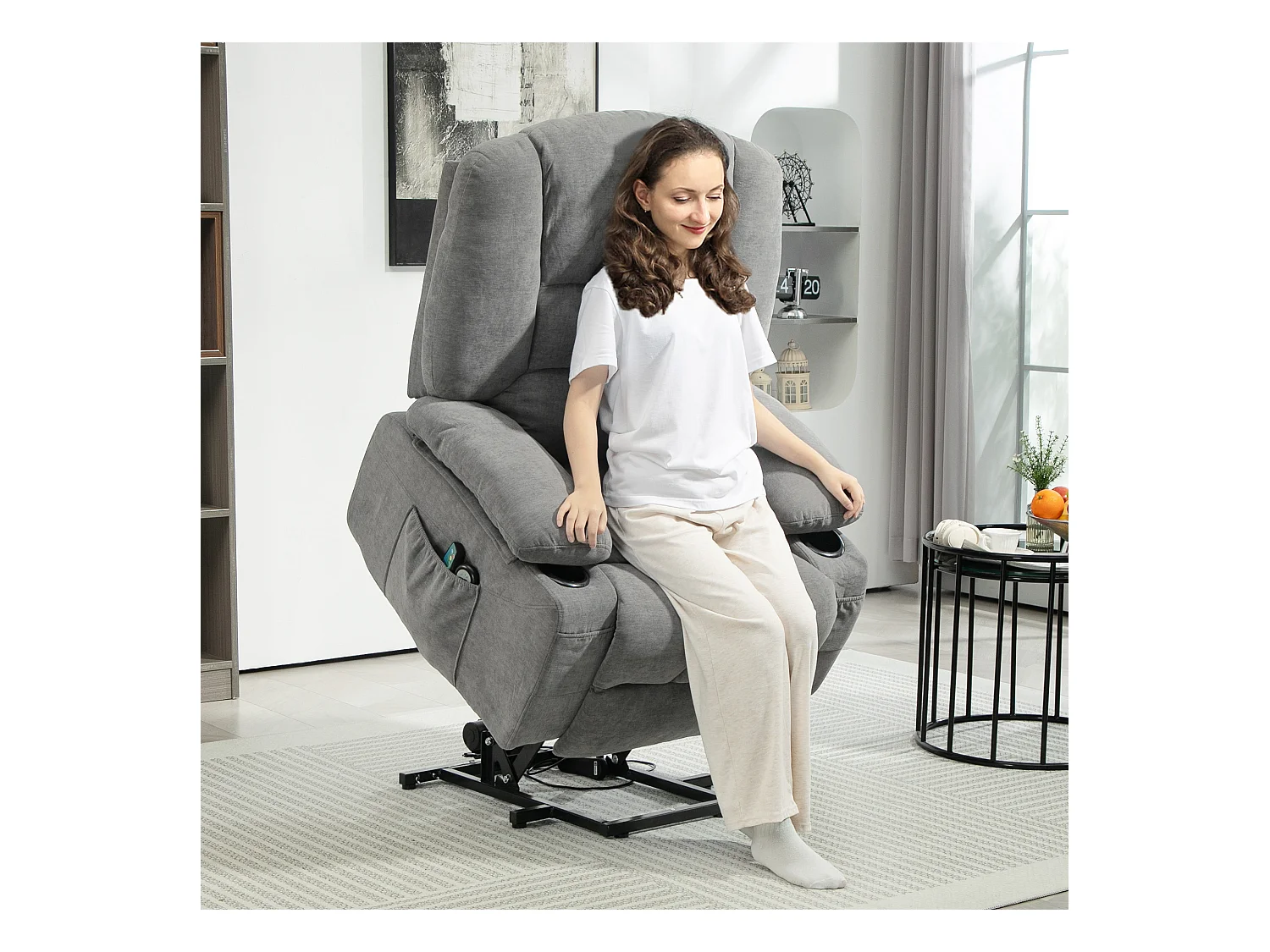 Fauteuil TV avec aide à la montée, fonction massante et chauffante, polyester, gris (97x90x102 cm)