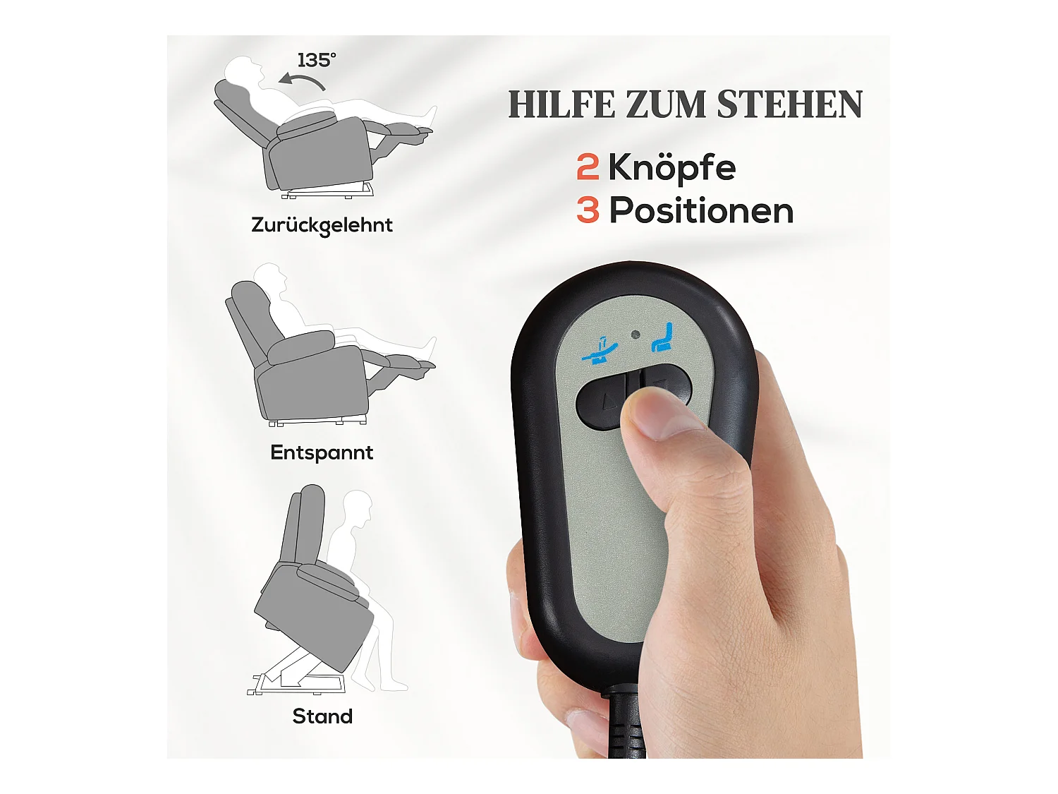 Fauteuil TV avec aide à la montée, fonction massante et chauffante, polyester, gris (97x90x102 cm)