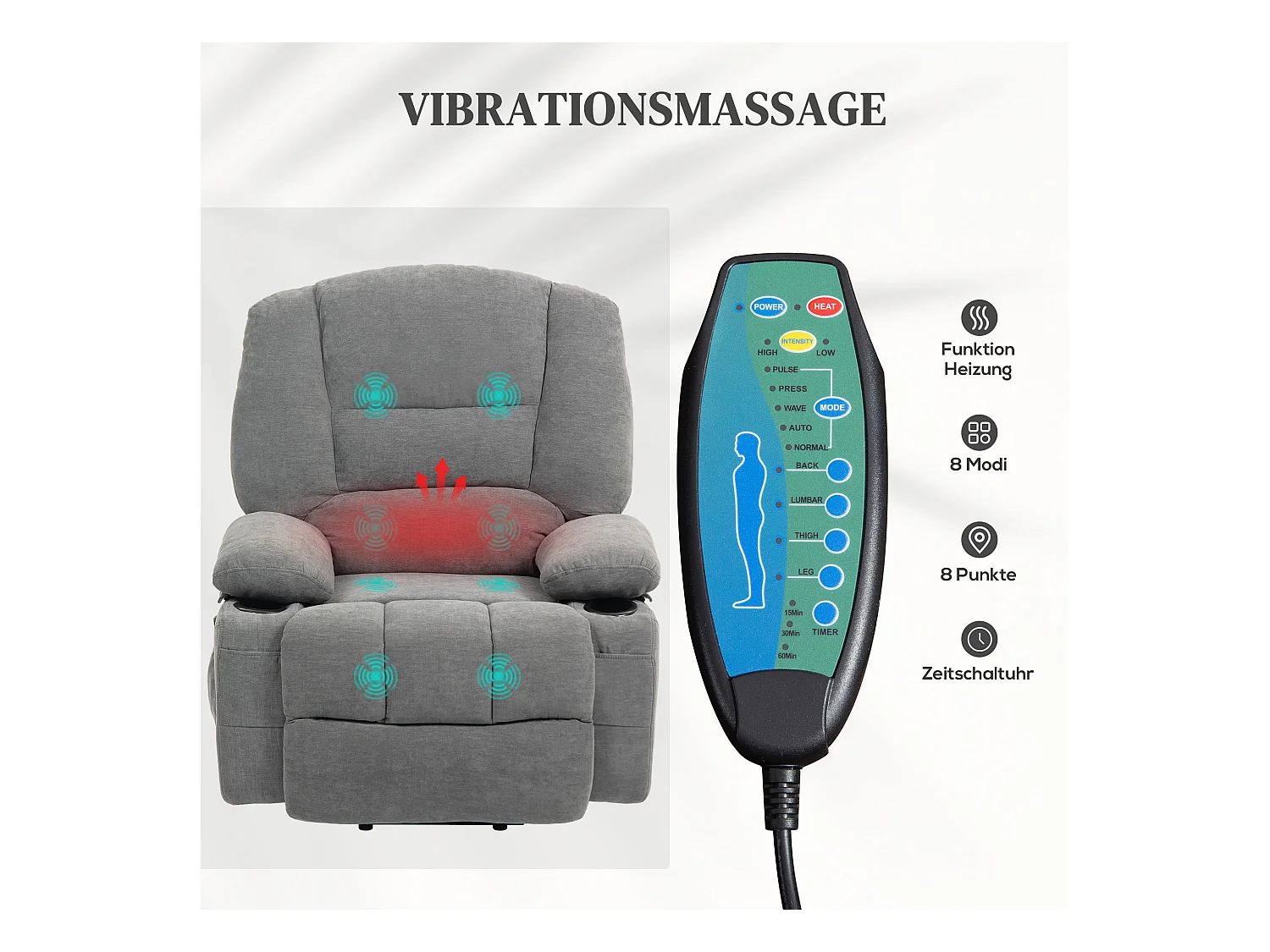 Fauteuil TV avec aide à la montée, fonction massante et chauffante, polyester, gris (97x90x102 cm)