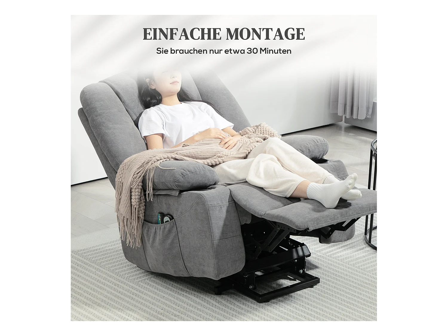 Fauteuil TV avec aide à la montée, fonction massante et chauffante, polyester, gris (97x90x102 cm)