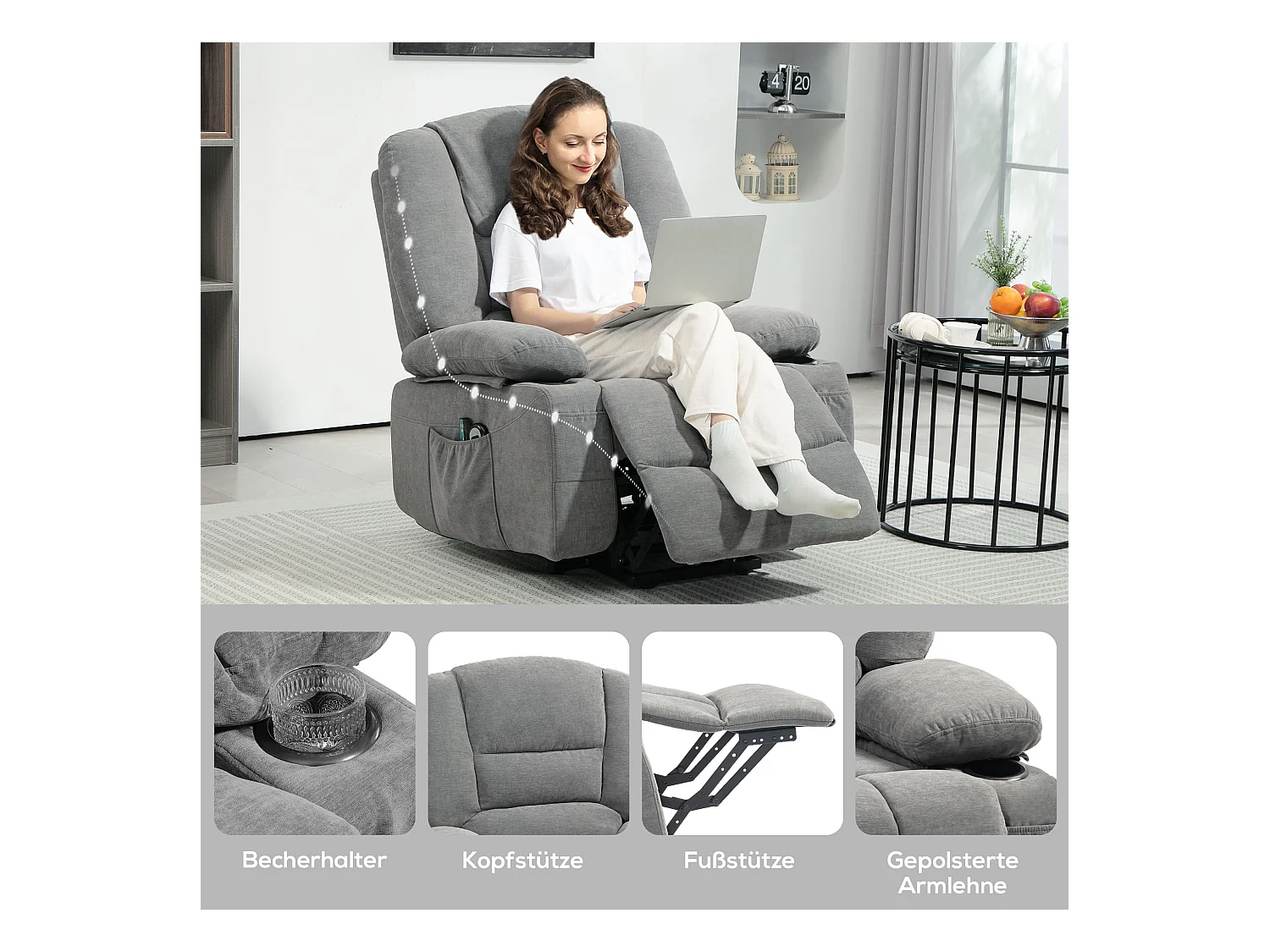 Fauteuil TV avec aide à la montée, fonction massante et chauffante, polyester, gris (97x90x102 cm)