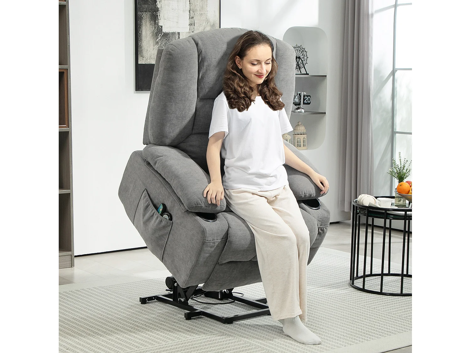 Fauteuil TV avec aide à la montée, fonction massante et chauffante, polyester, gris (97x90x102 cm)