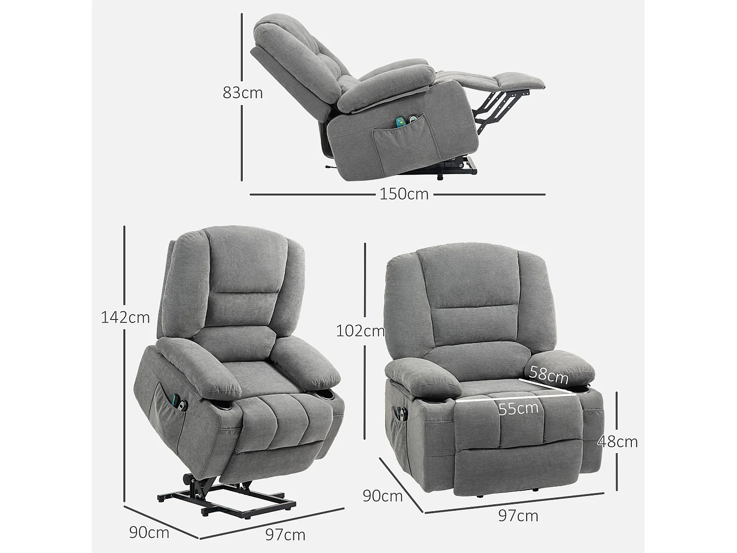 Fauteuil TV avec aide à la montée, fonction massante et chauffante, polyester, gris (97x90x102 cm)