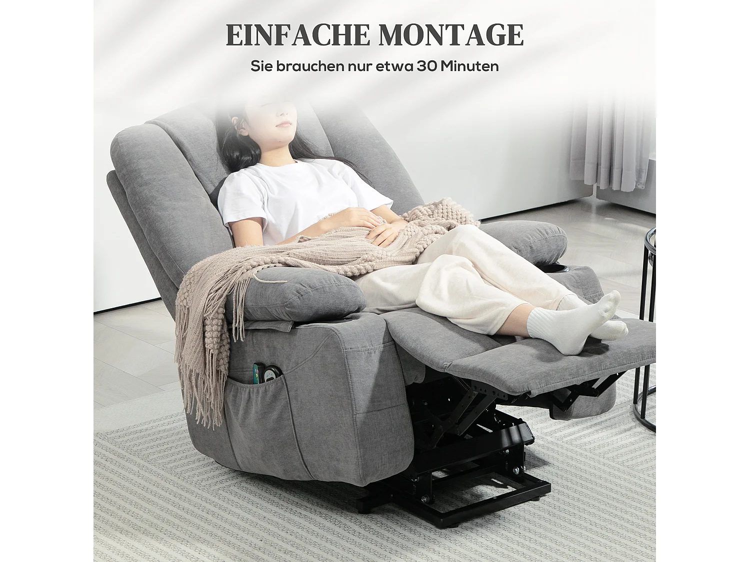 Fauteuil TV avec aide à la montée, fonction massante et chauffante, polyester, gris (97x90x102 cm)
