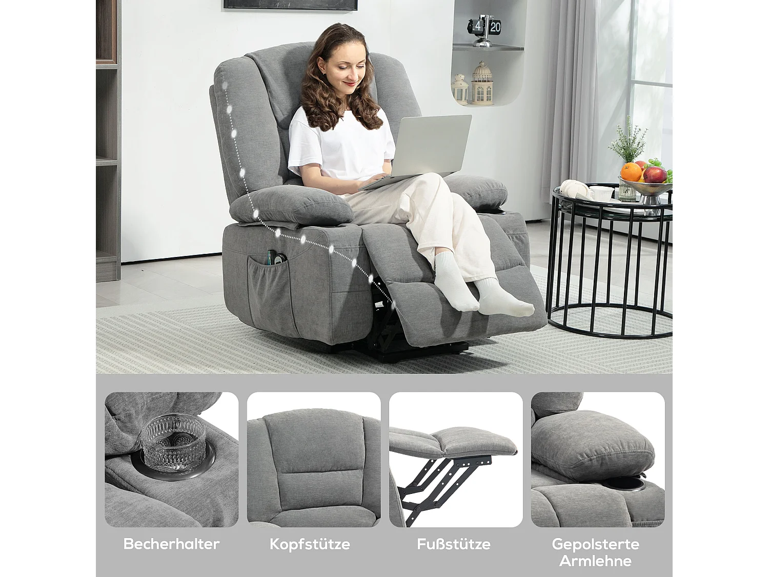 Fauteuil TV avec aide à la montée, fonction massante et chauffante, polyester, gris (97x90x102 cm)