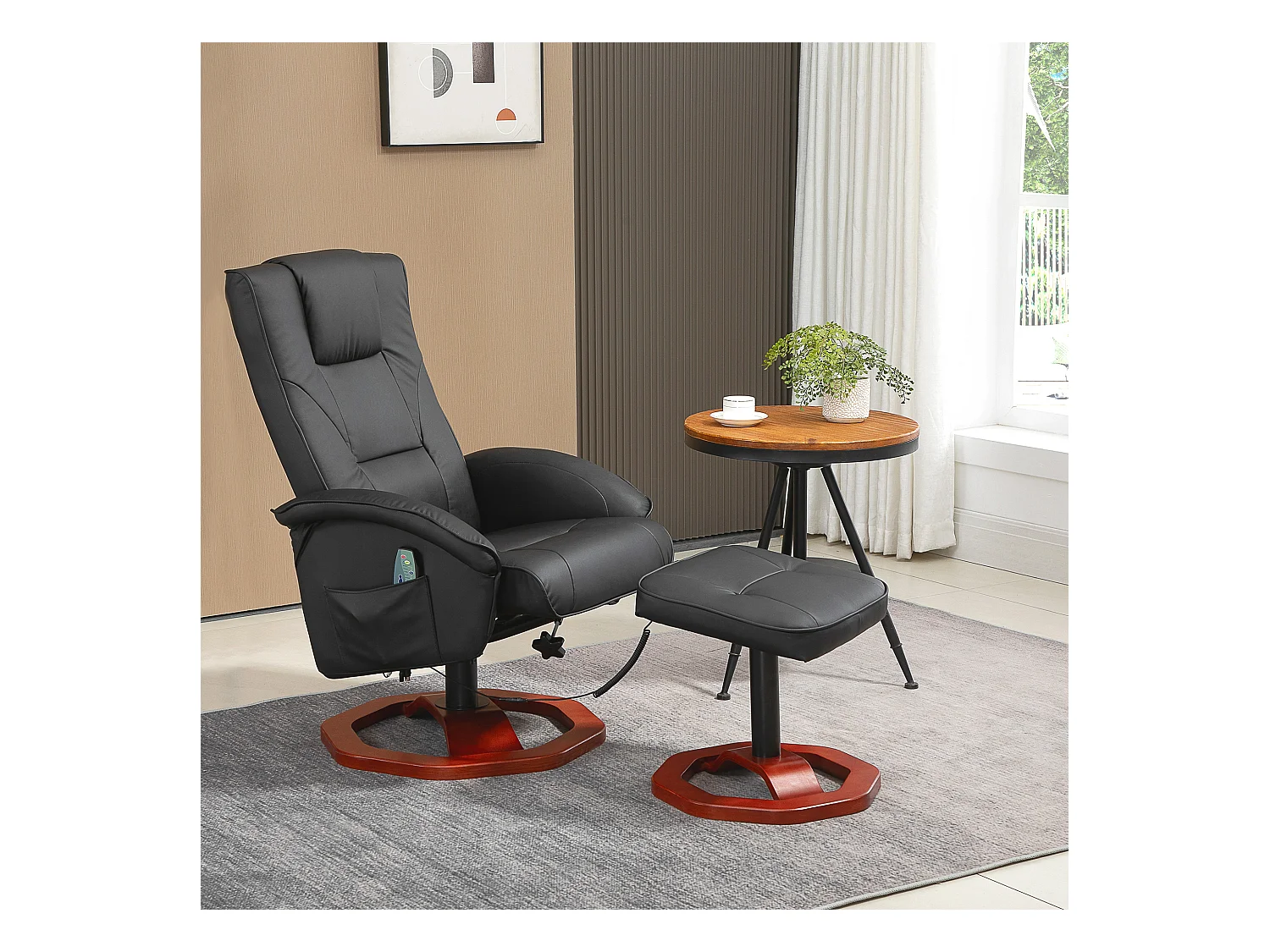 Fauteuil de massage pivotant 360°, simili cuir noir, avec repose-pieds, inclinable (73x83x106cm)