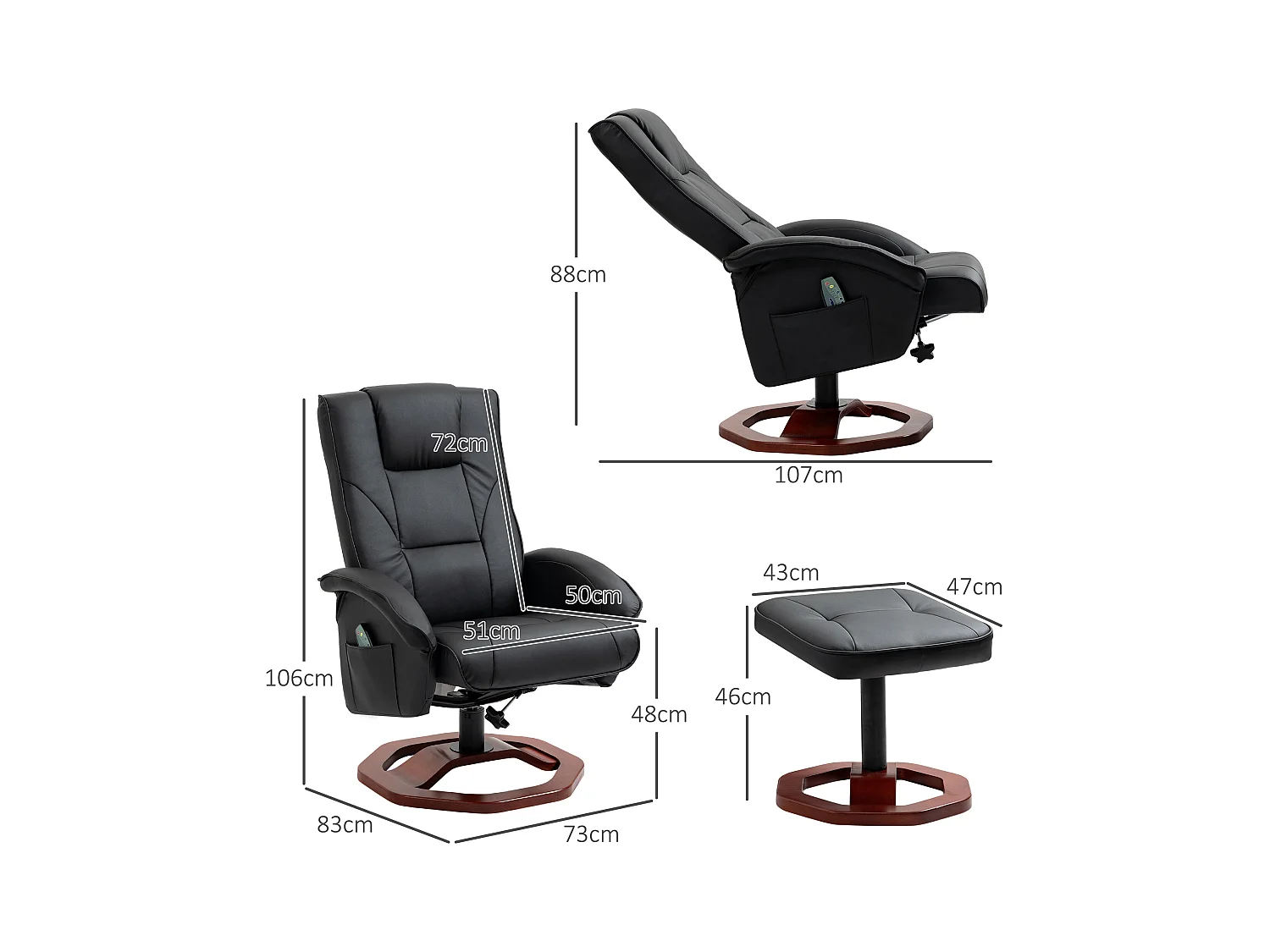 Fauteuil de massage pivotant 360°, simili cuir noir, avec repose-pieds, inclinable (73x83x106cm)