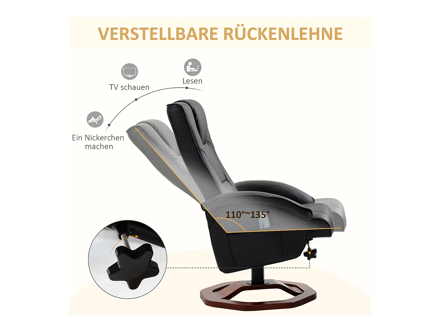 Fauteuil de massage pivotant 360°, simili cuir noir, avec repose-pieds, inclinable (73x83x106cm)