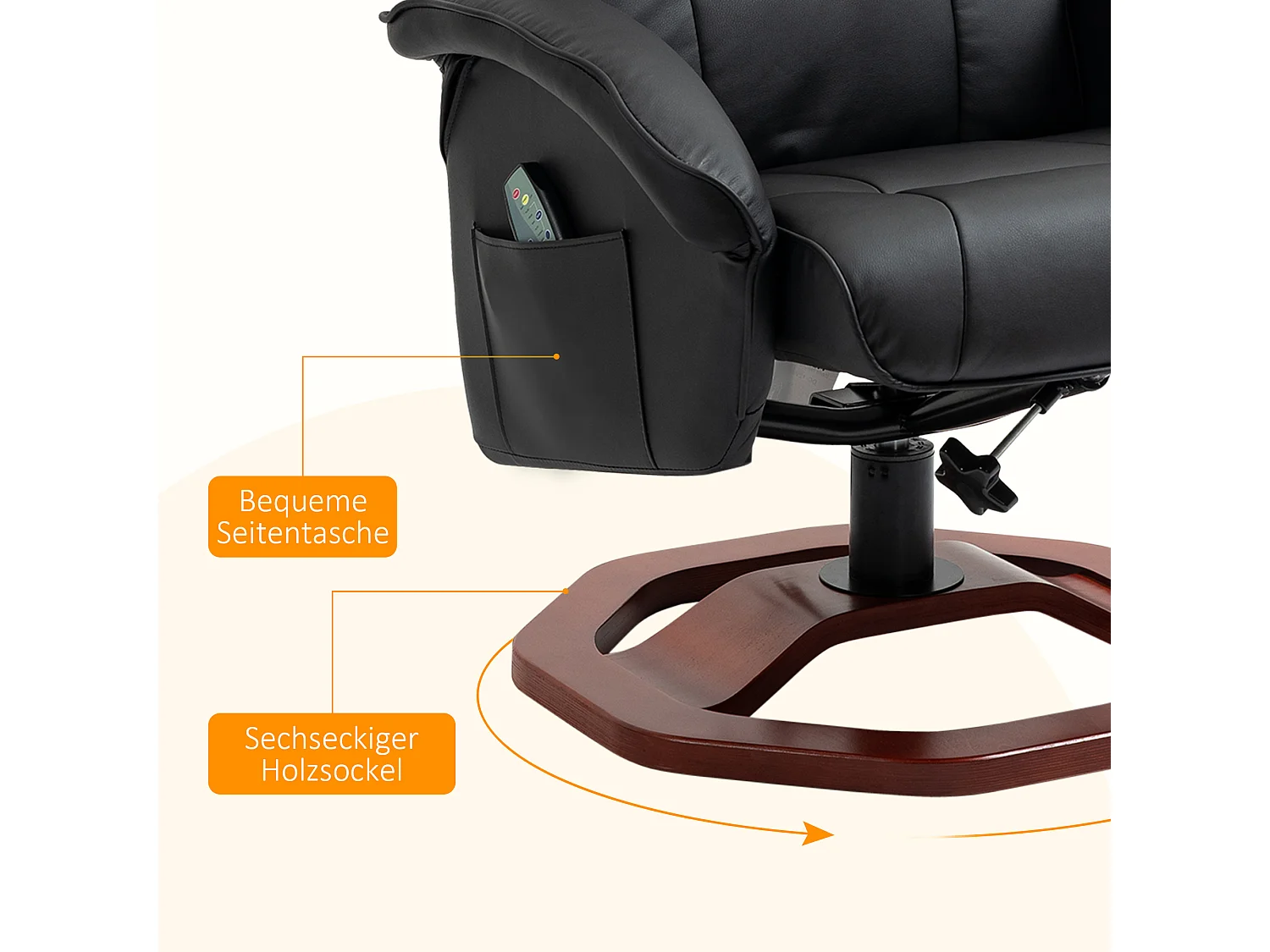 Fauteuil de massage pivotant 360°, simili cuir noir, avec repose-pieds, inclinable (73x83x106cm)