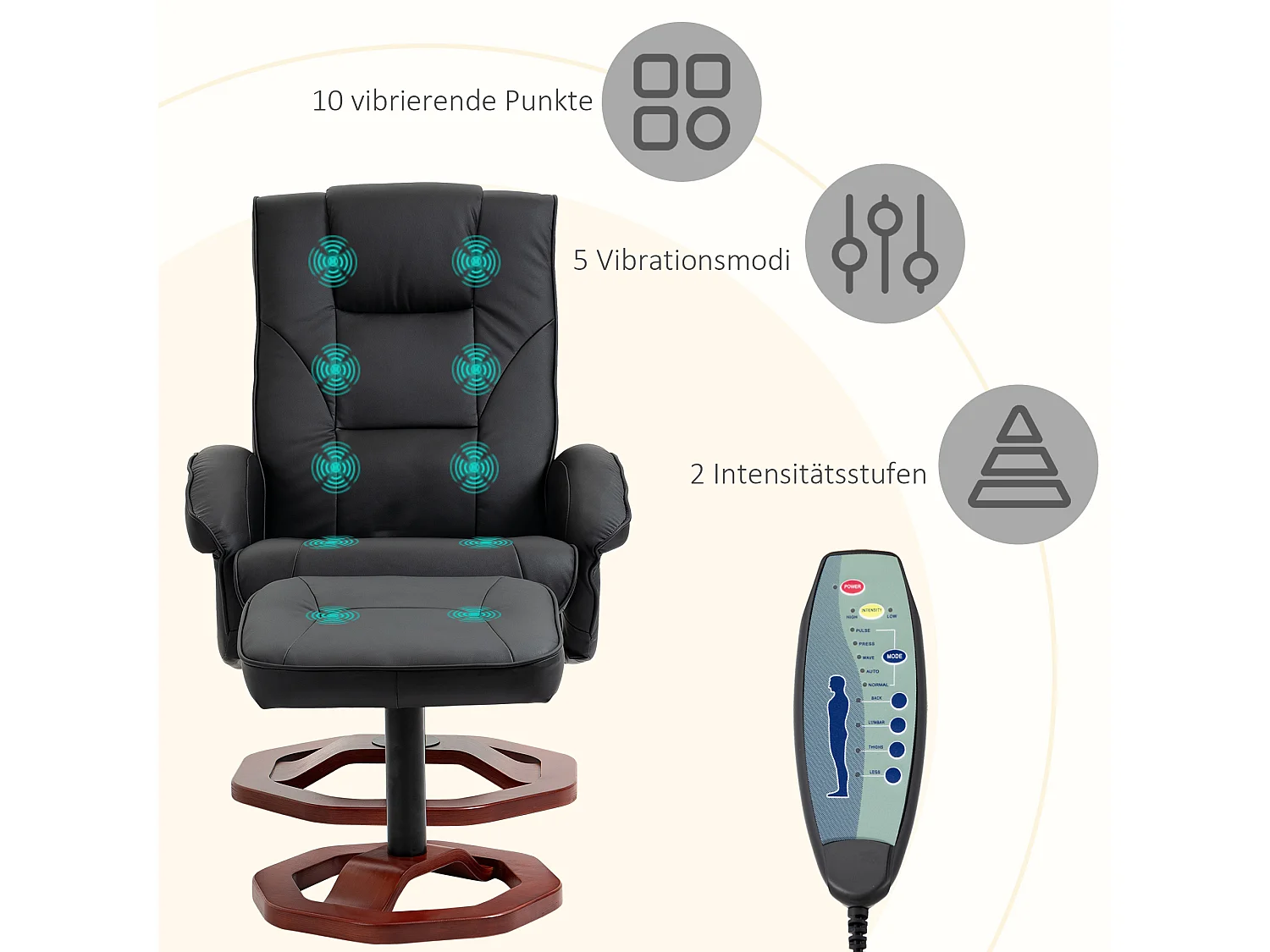 Sillón de masaje giratorio de 360°, de piel sintética negra, con reposapiés, reclinable (73 x 83 x 106 cm)
