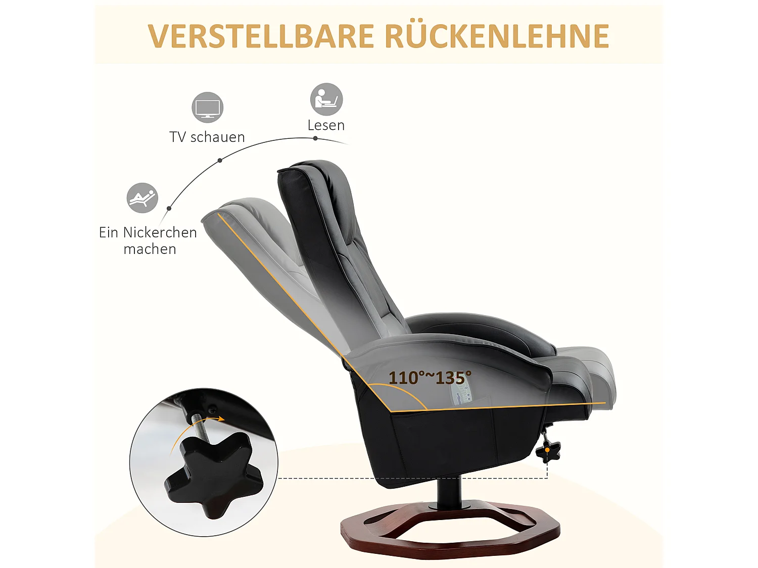 Sillón de masaje giratorio de 360°, de piel sintética negra, con reposapiés, reclinable (73 x 83 x 106 cm)