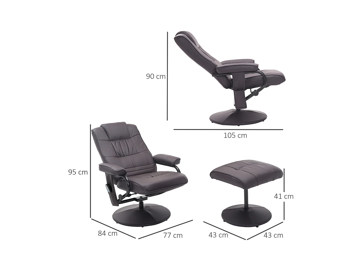 Draaibare massagestoel met voetenbank, kunstleer, verstelbaar, bruin (77x84x95cm)