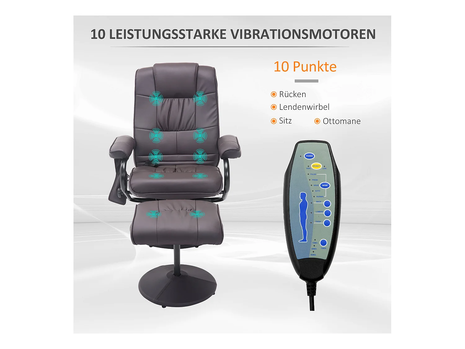 Draaibare massagestoel met voetenbank, kunstleer, verstelbaar, bruin (77x84x95cm)