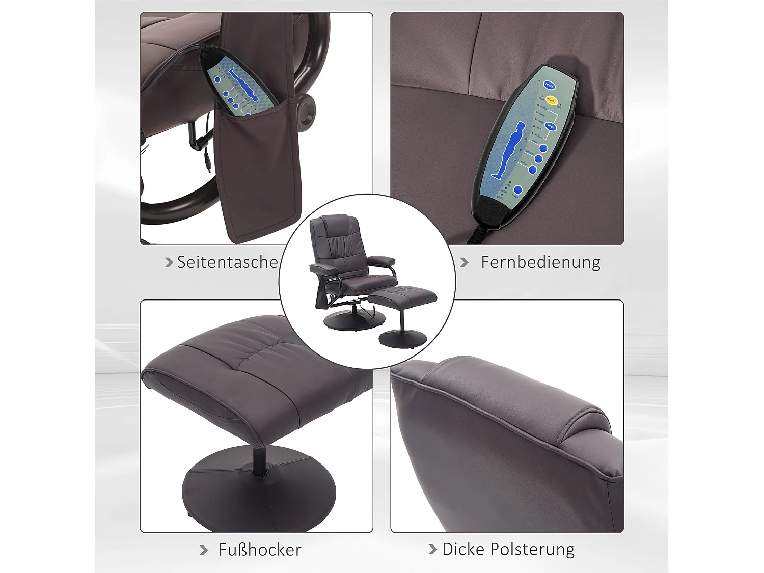 Fauteuil de massage pivotant avec repose-pieds, simili cuir, réglable, brun (77x84x95cm)