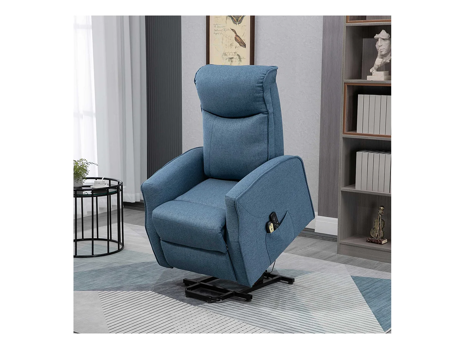 Fauteuil relax avec fonction de levée, massage avec télécommande, tissu lin, bleu (74.5x87.5x110 cm)