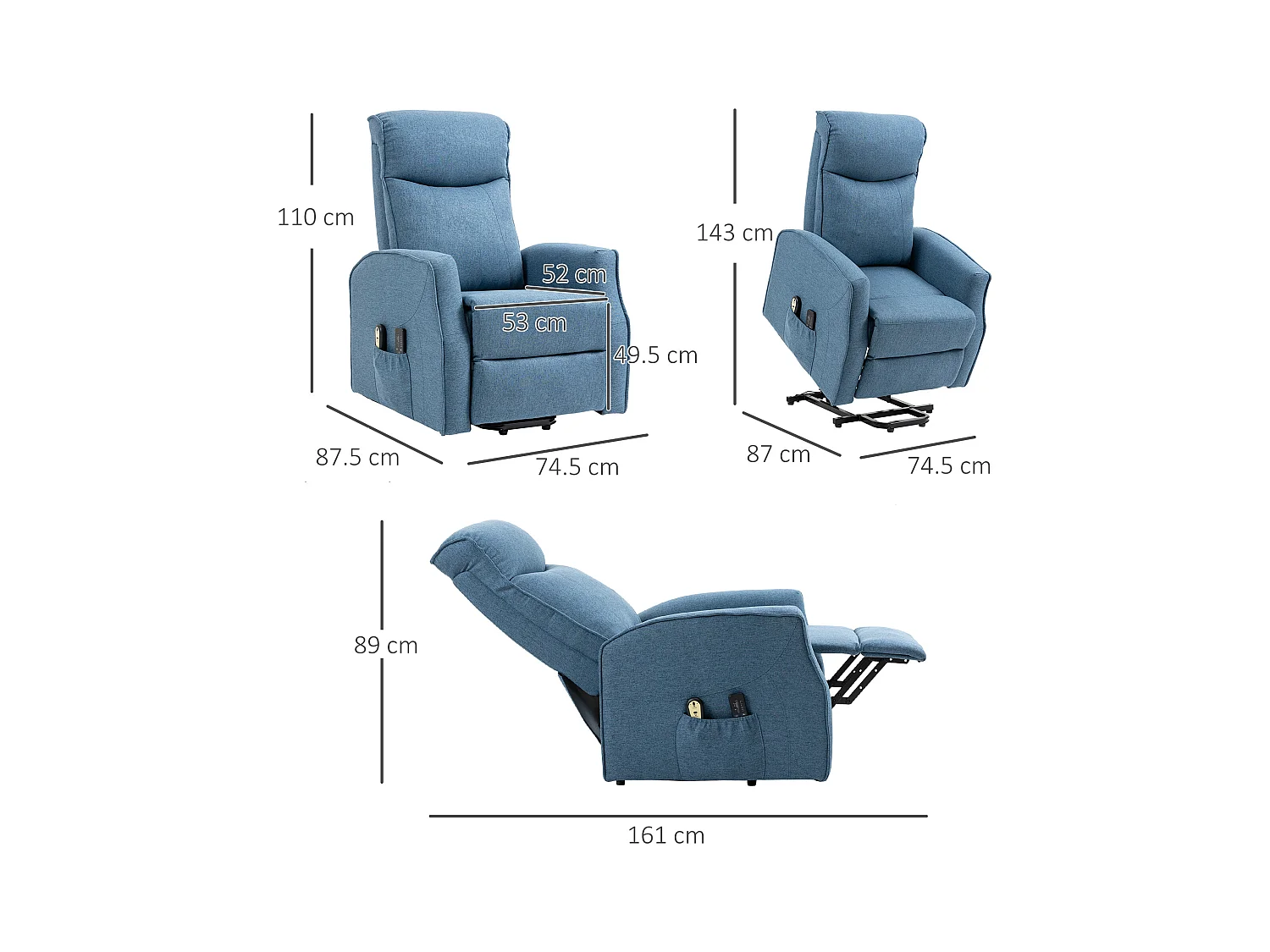 Fauteuil relax avec fonction de levée, massage avec télécommande, tissu lin, bleu (74.5x87.5x110 cm)