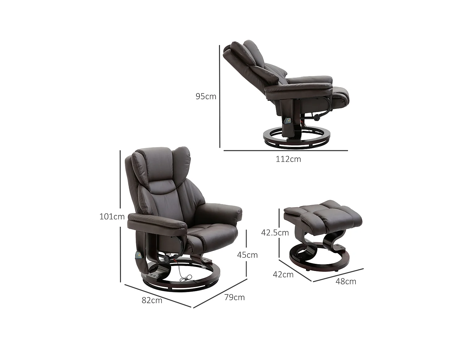 Fauteuil relax avec fonction de massage, avec repose-pieds, cuir synthétique, marron (79x82x101 cm)