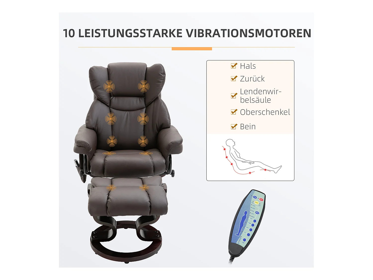 Fauteuil relax avec fonction de massage, avec repose-pieds, cuir synthétique, marron (79x82x101 cm)