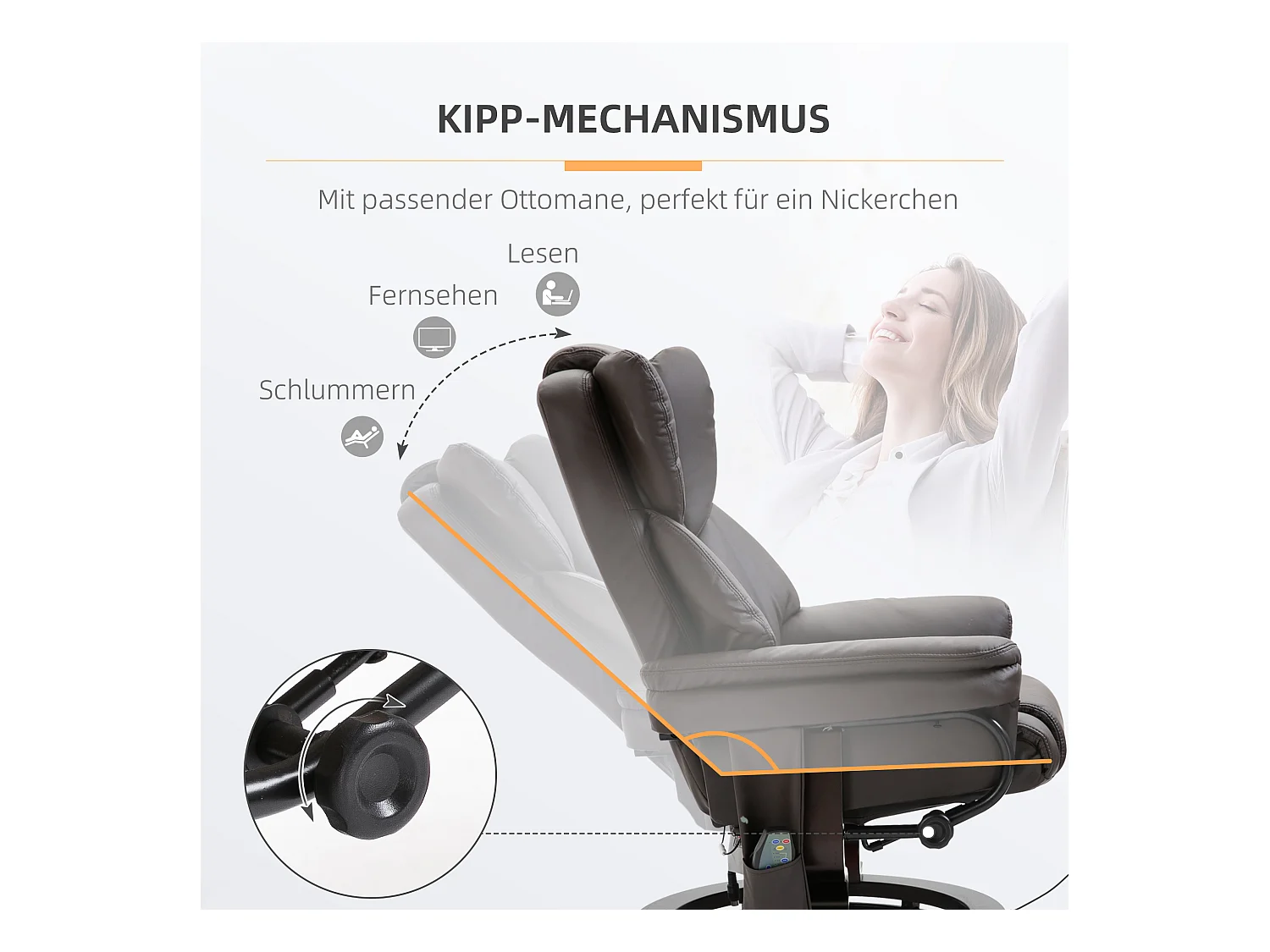 Fauteuil relax avec fonction de massage, avec repose-pieds, cuir synthétique, marron (79x82x101 cm)