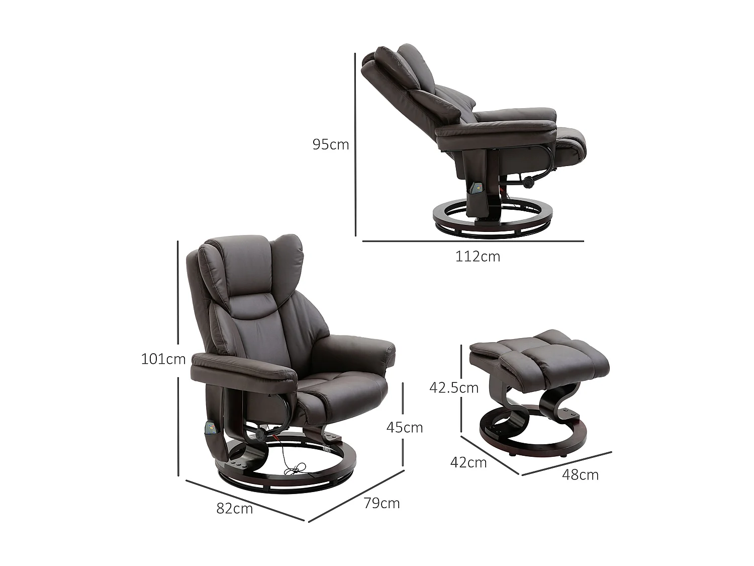 Fauteuil relax avec fonction de massage, avec repose-pieds, cuir synthétique, marron (79x82x101 cm)