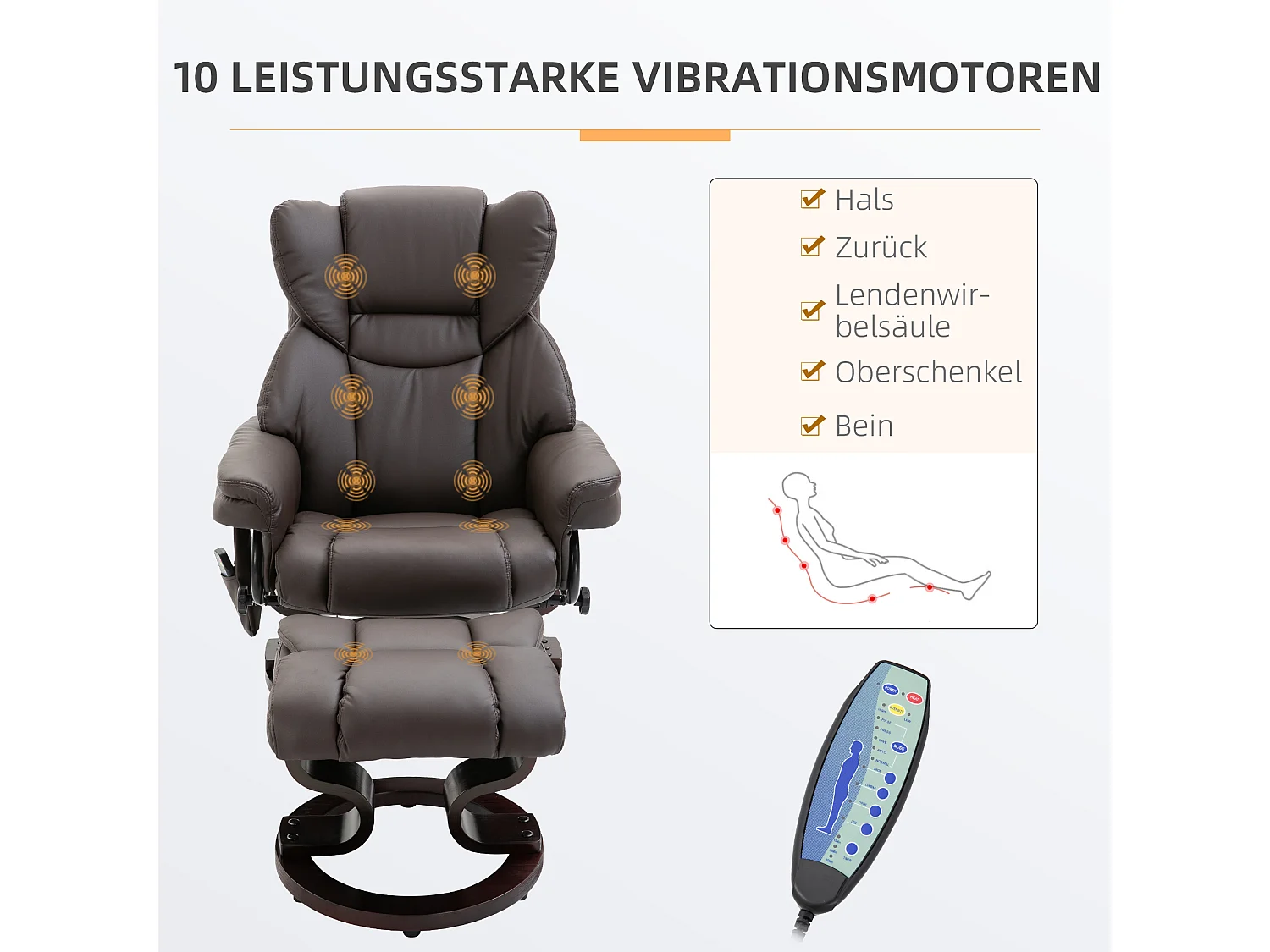 Fauteuil relax avec fonction de massage, avec repose-pieds, cuir synthétique, marron (79x82x101 cm)