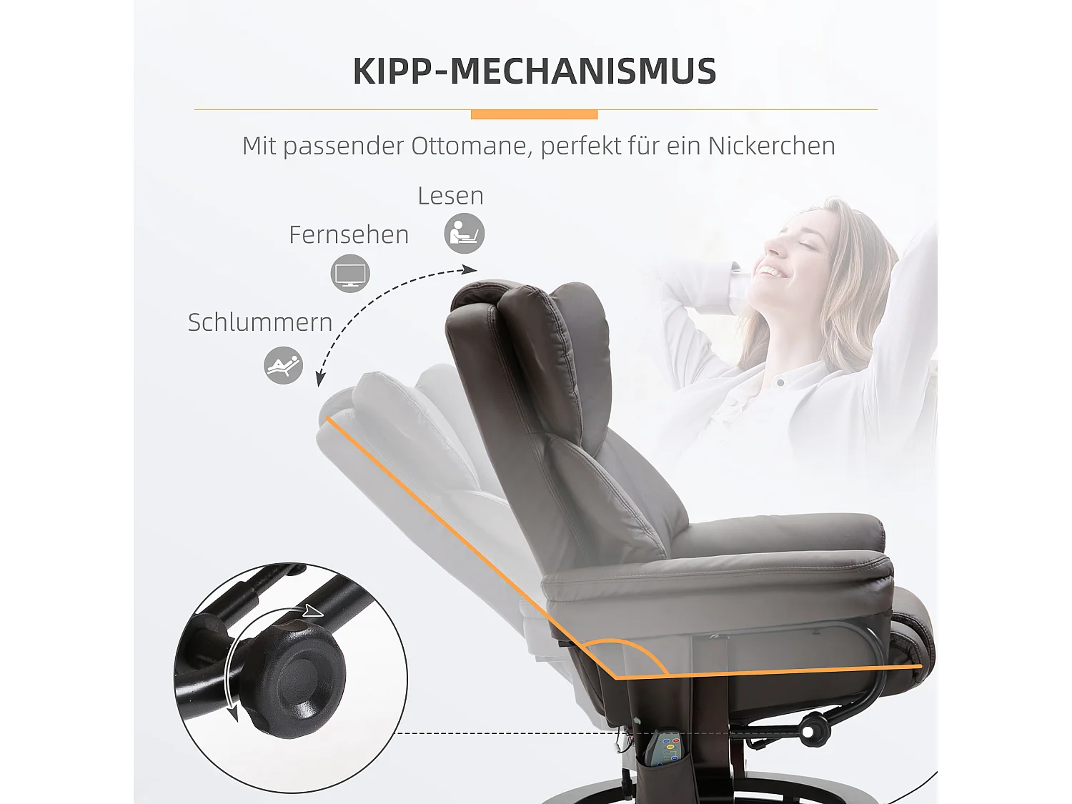 Fauteuil relax avec fonction de massage, avec repose-pieds, cuir synthétique, marron (79x82x101 cm)