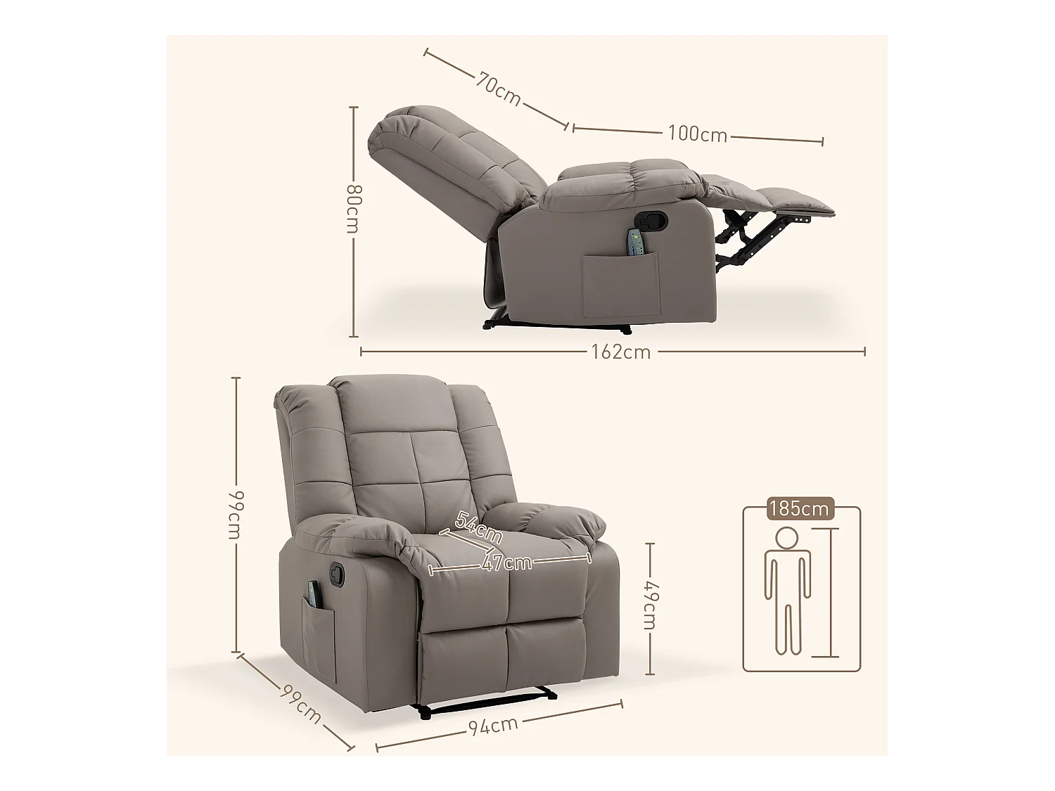 Fauteuil relax électrique avec fonction de massage, similicuir, gris (94x99x99 cm)