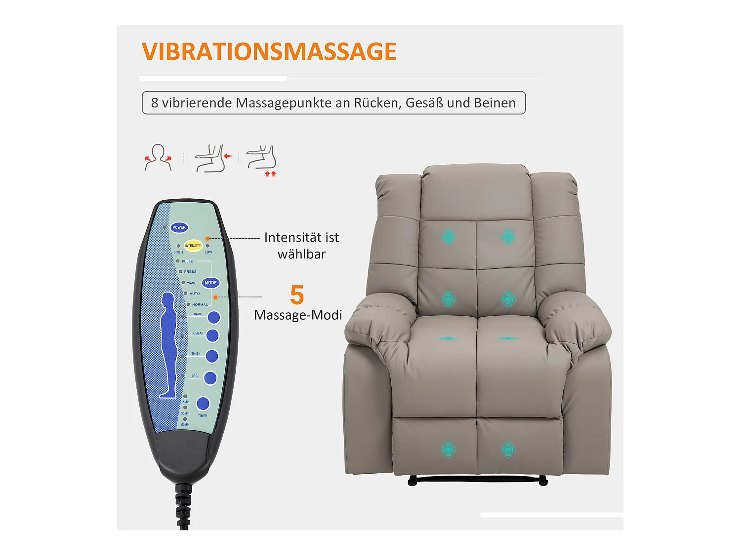 Fauteuil relax électrique avec fonction de massage, similicuir, gris (94x99x99 cm)