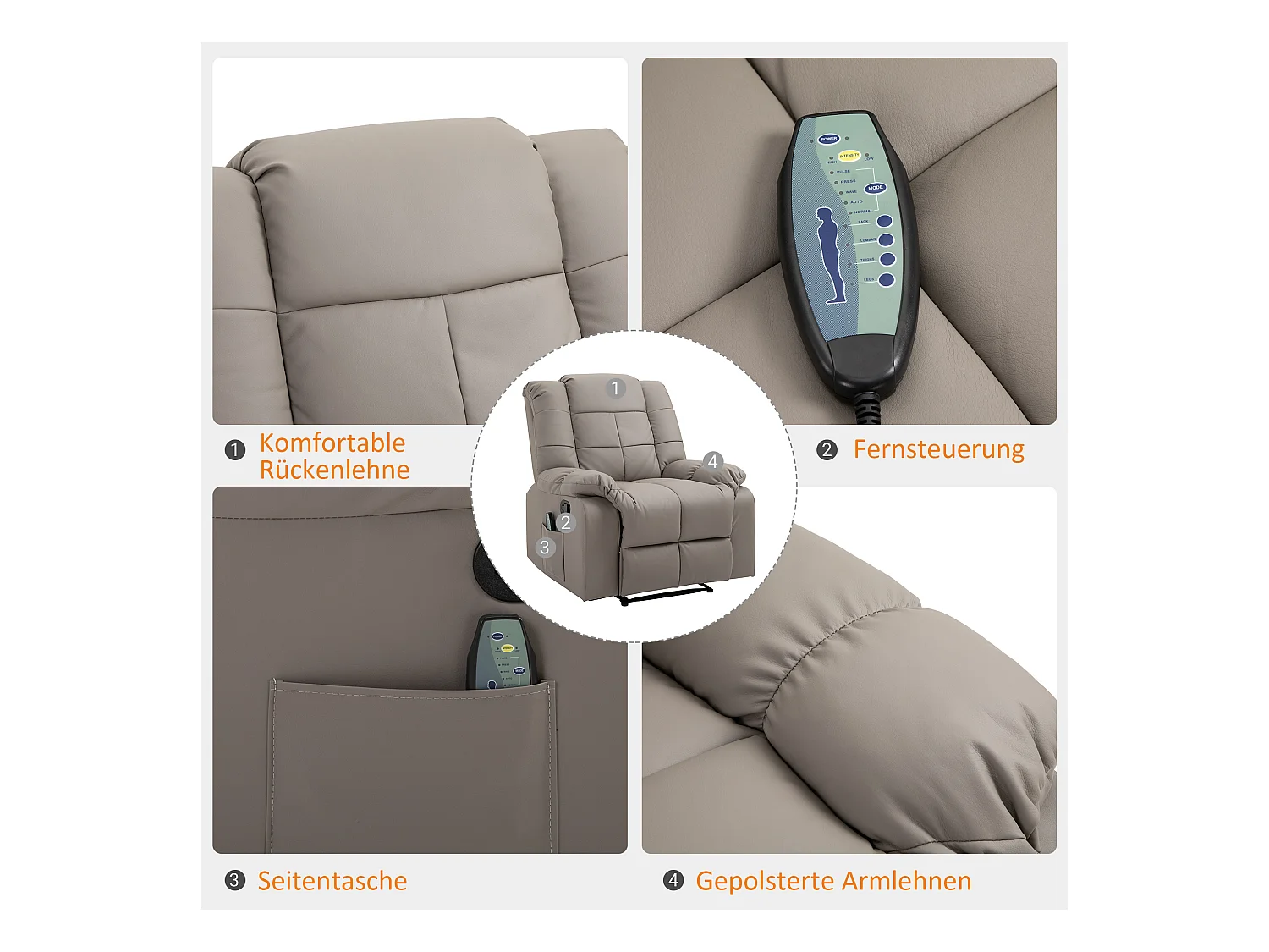 Fauteuil relax électrique avec fonction de massage, similicuir, gris (94x99x99 cm)