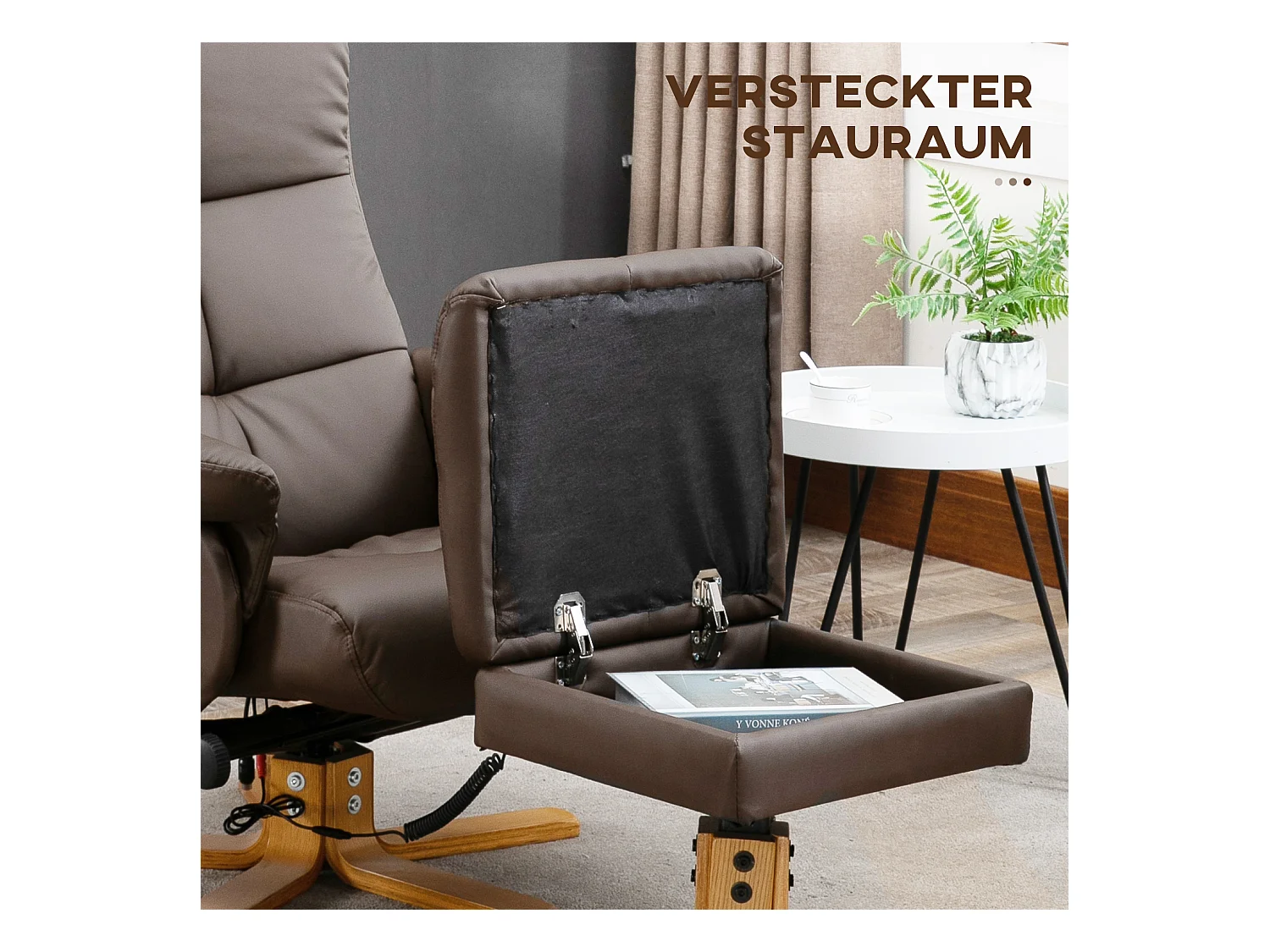 Relaxfauteuil met voetenbank, massagefunctie, 10 trillingspunten, kunstleer, bruin (80x86x99 cm)