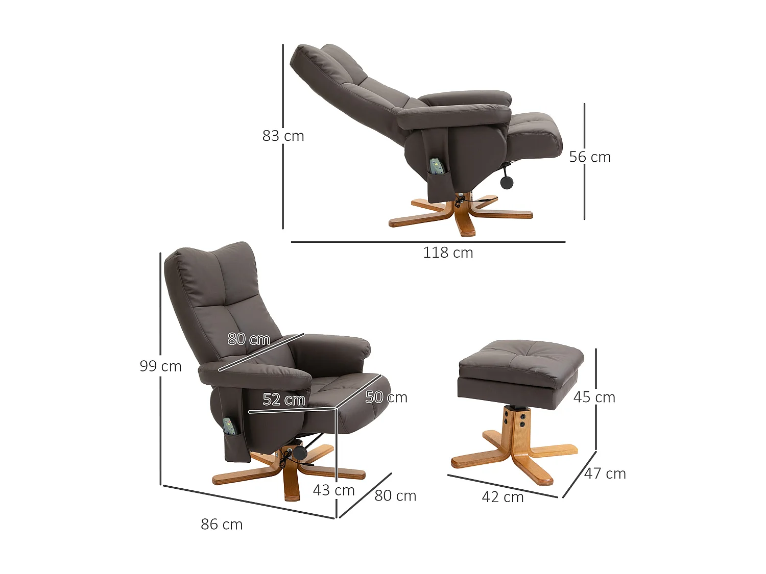 Fauteuil relax avec repose-pieds, fonction massage, 10 points de vibration, simili cuir, marron (80x86x99 cm)
