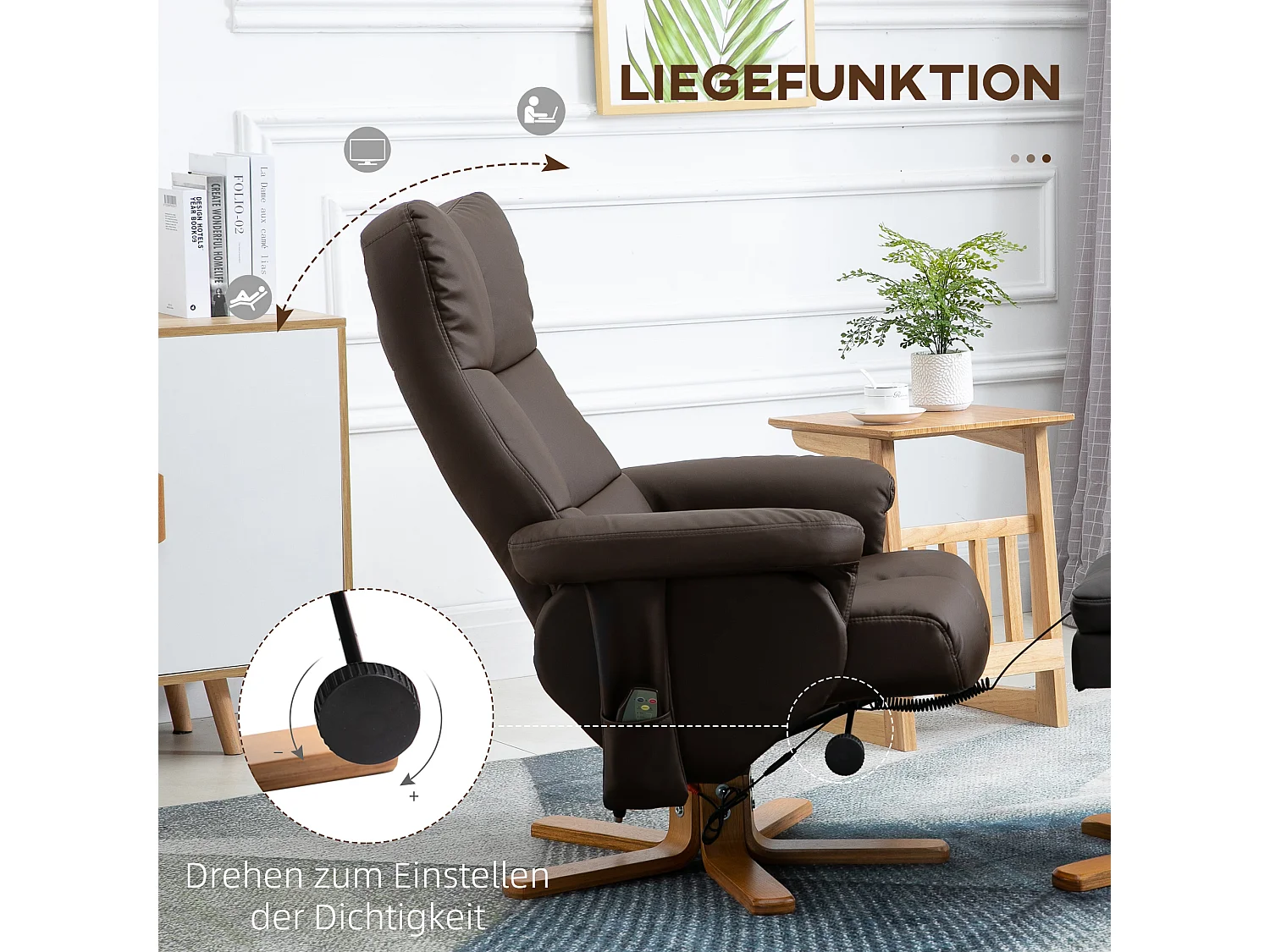 Fauteuil relax avec repose-pieds, fonction massage, 10 points de vibration, simili cuir, marron (80x86x99 cm)