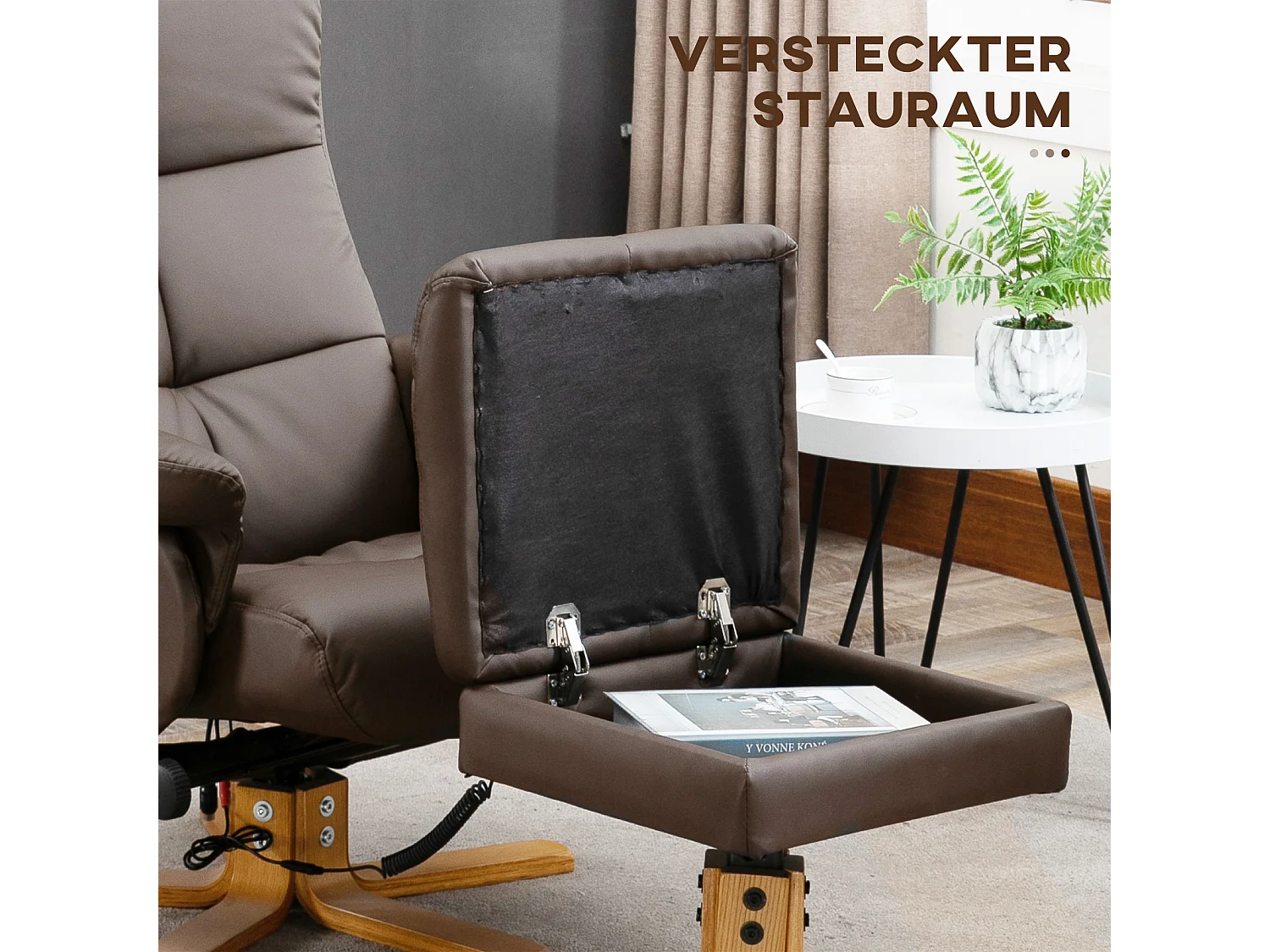 Fauteuil relax avec repose-pieds, fonction massage, 10 points de vibration, simili cuir, marron (80x86x99 cm)
