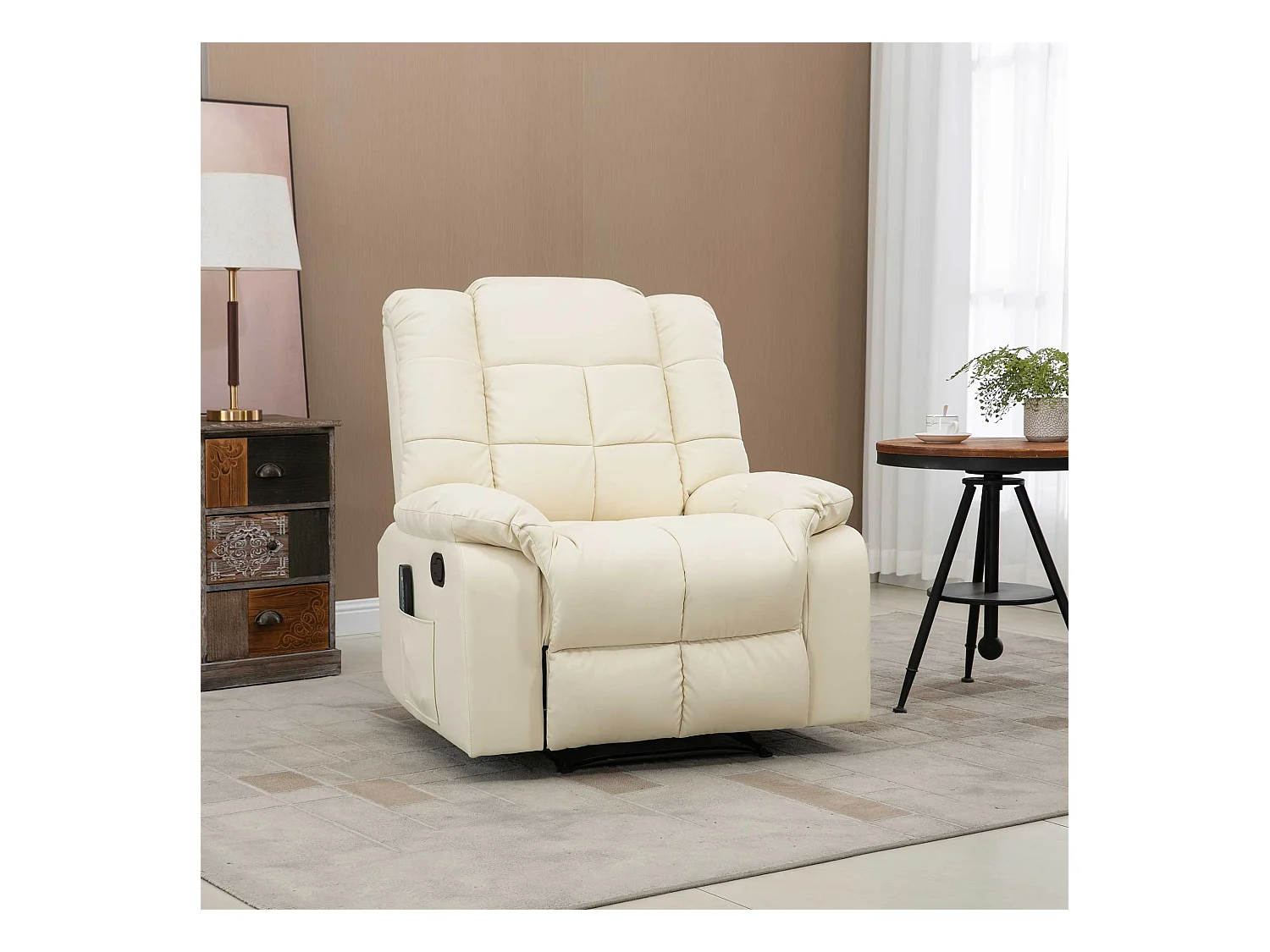 Fauteuil relax électrique avec fonction de massage, similicuir, bois, crème (94x99x99 cm)