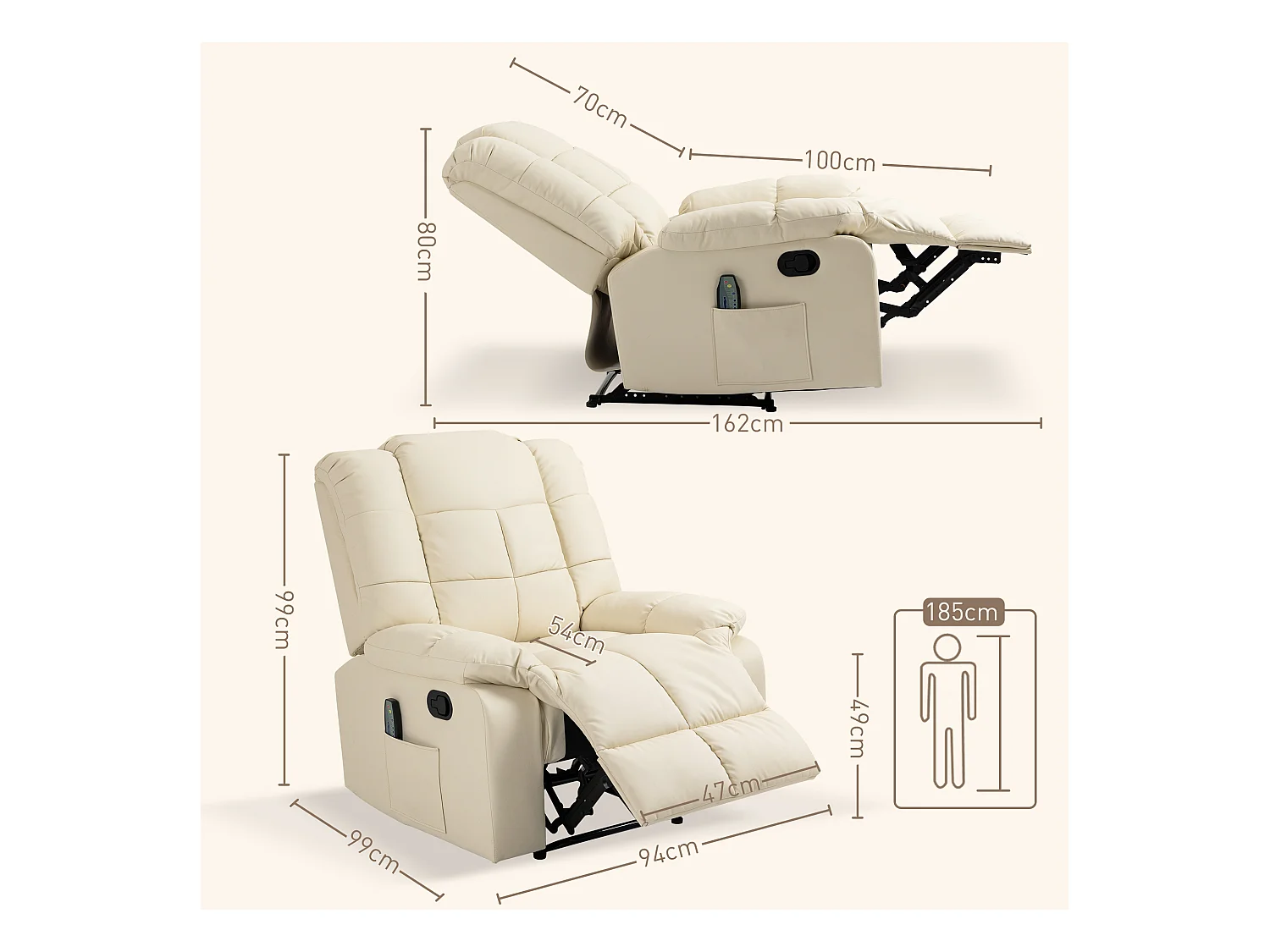 Fauteuil relax électrique avec fonction de massage, similicuir, bois, crème (94x99x99 cm)