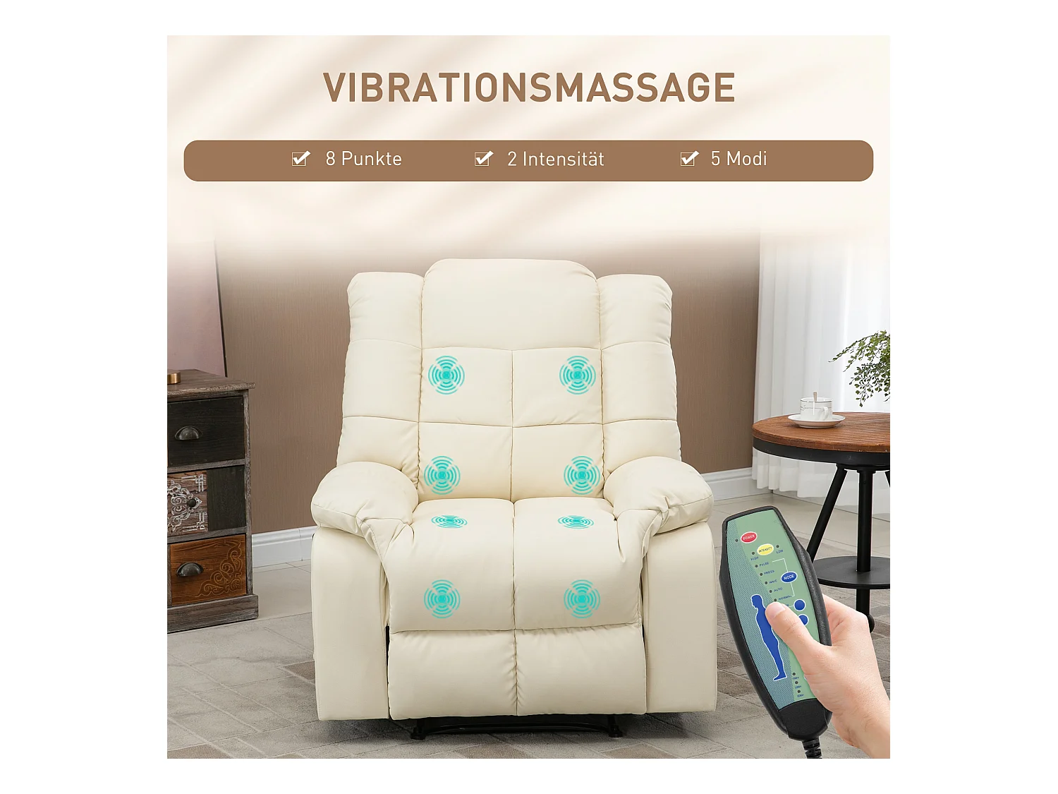 Fauteuil relax électrique avec fonction de massage, similicuir, bois, crème (94x99x99 cm)