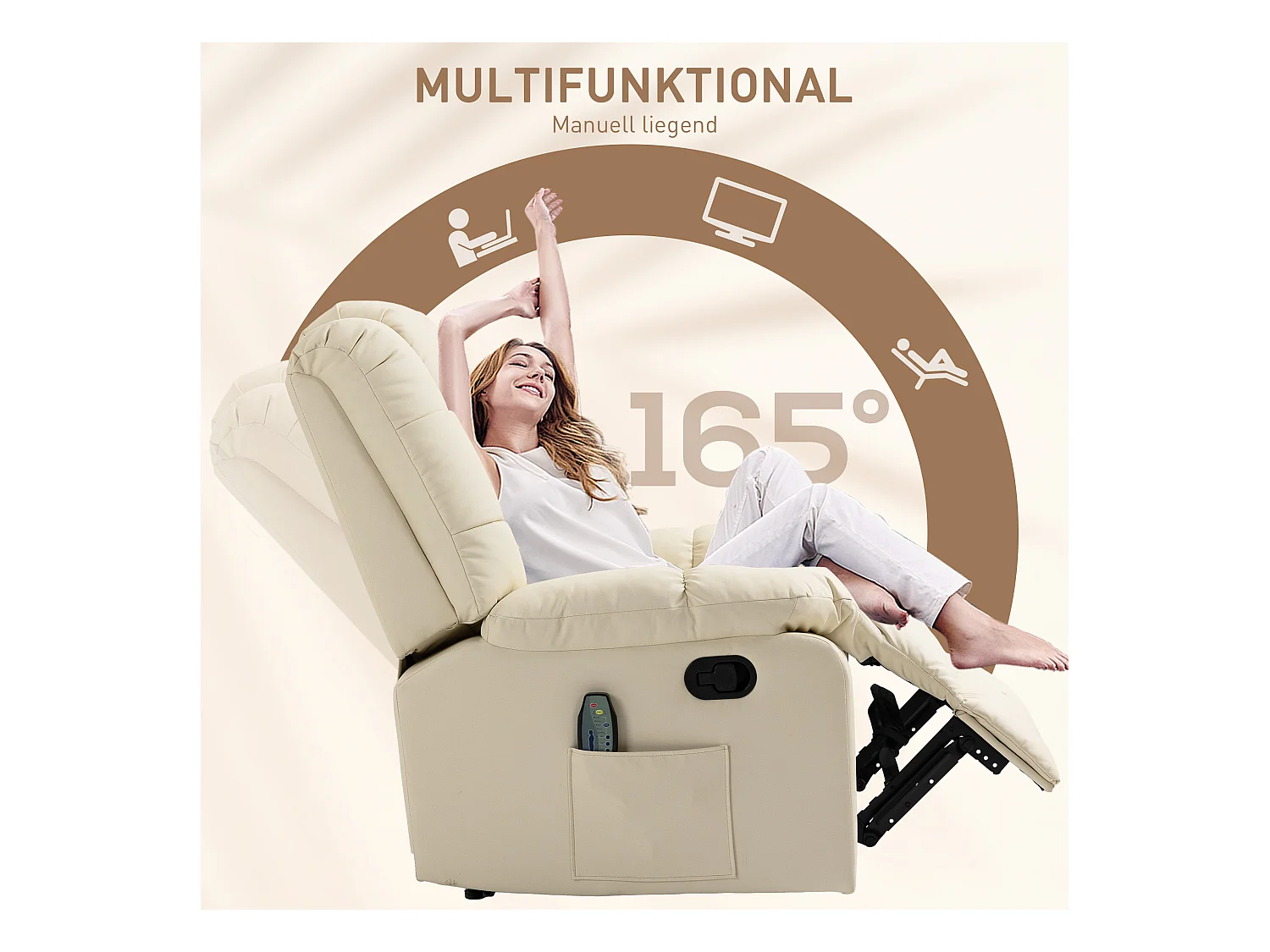 Fauteuil relax électrique avec fonction de massage, similicuir, bois, crème (94x99x99 cm)