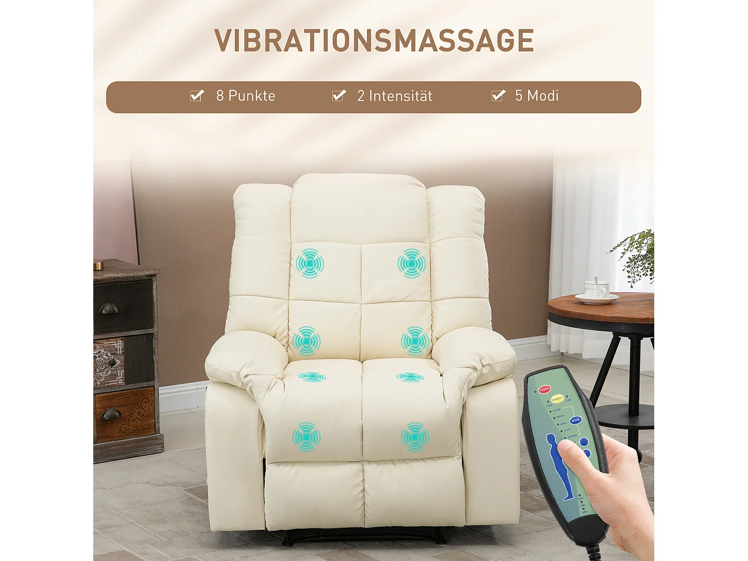 Fauteuil relax électrique avec fonction de massage, similicuir, bois, crème (94x99x99 cm)