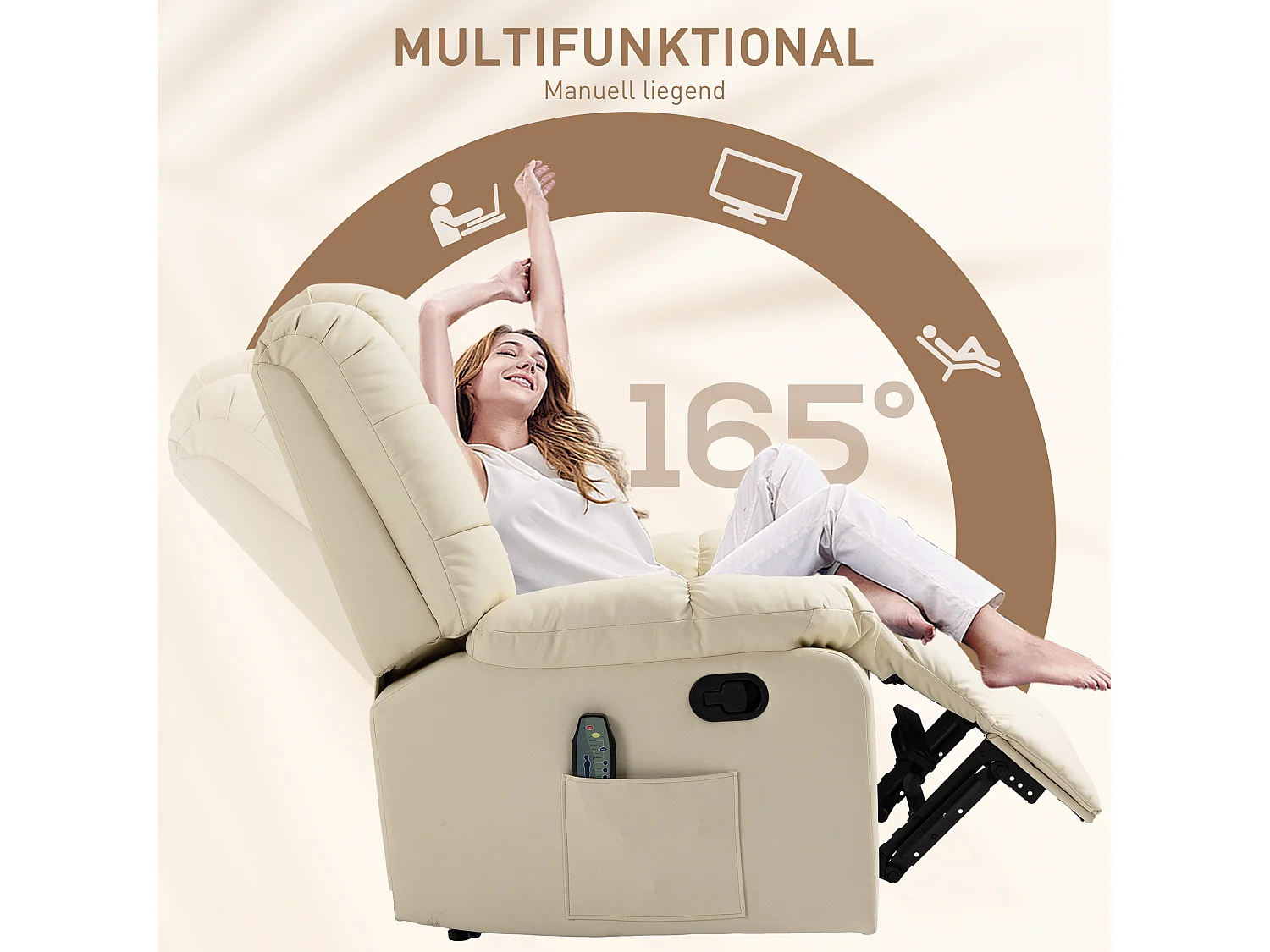 Fauteuil relax électrique avec fonction de massage, similicuir, bois, crème (94x99x99 cm)