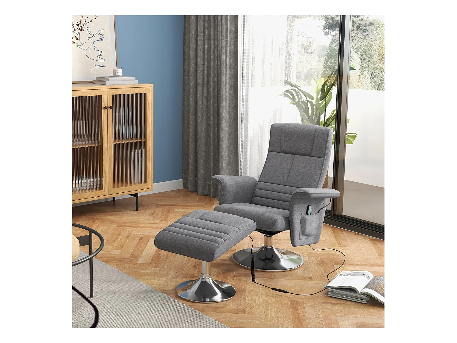 Fauteuil relax électrique avec repose-pieds, massage vibrant, tissu lin, gris foncé (78x95x88 cm)