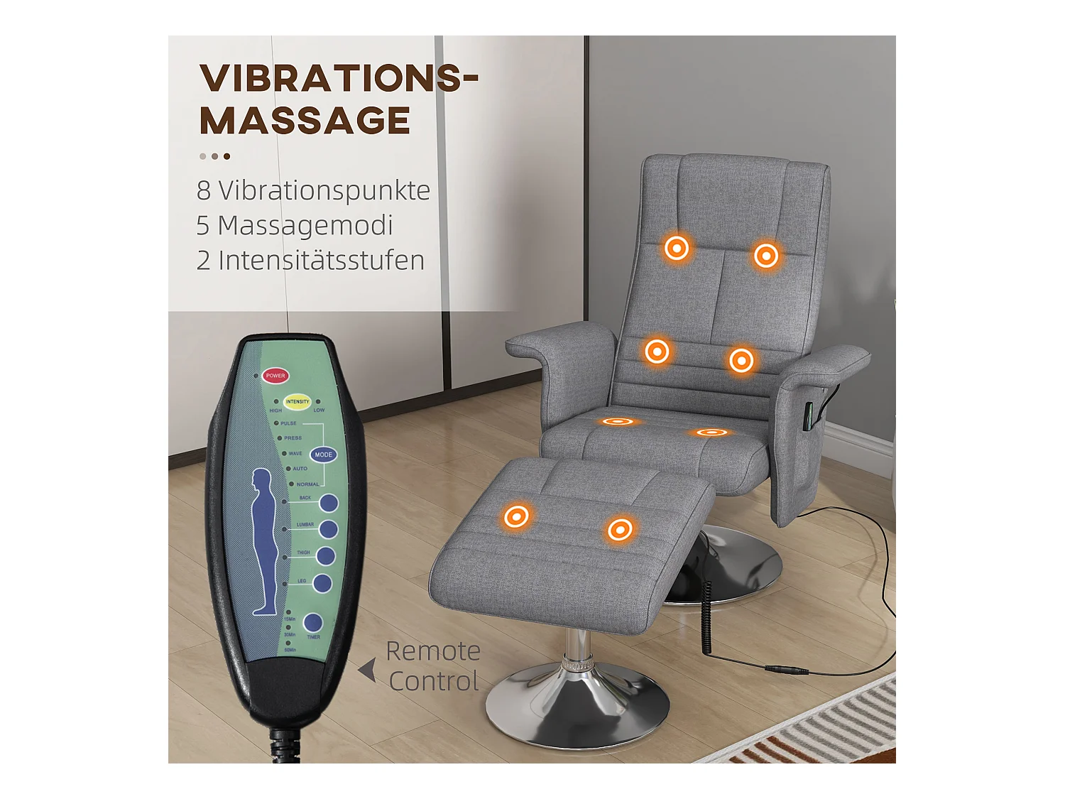 Fauteuil relax électrique avec repose-pieds, massage vibrant, tissu lin, gris foncé (78x95x88 cm)