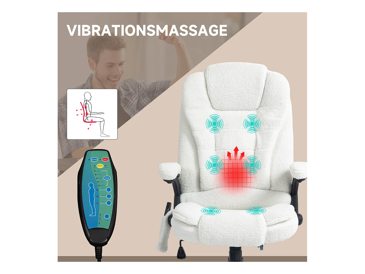 Fauteuil de massage avec fonction d'inclinaison, pivotant 360°, microfibre, blanc (67x74x107-116 cm)