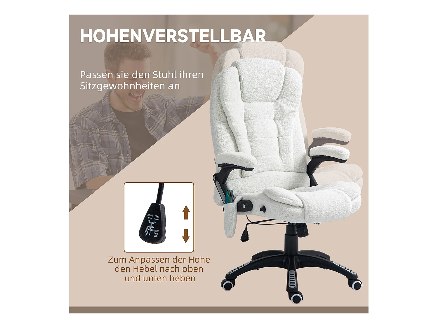 Fauteuil de massage avec fonction d'inclinaison, pivotant 360°, microfibre, blanc (67x74x107-116 cm)