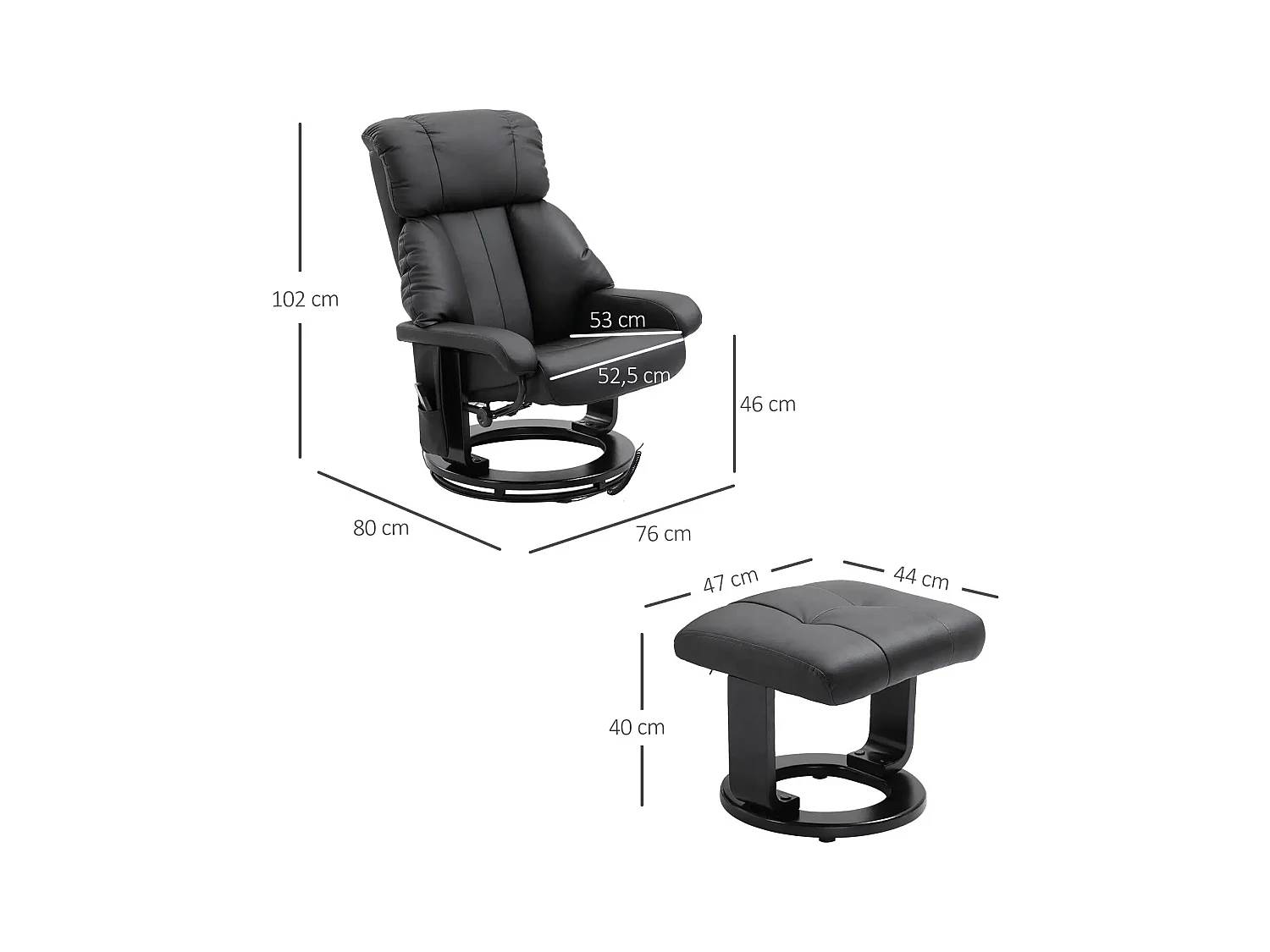 Fauteuil de relaxation avec massage, simili cuir, noir, repose-pieds, (76x80x102 cm)