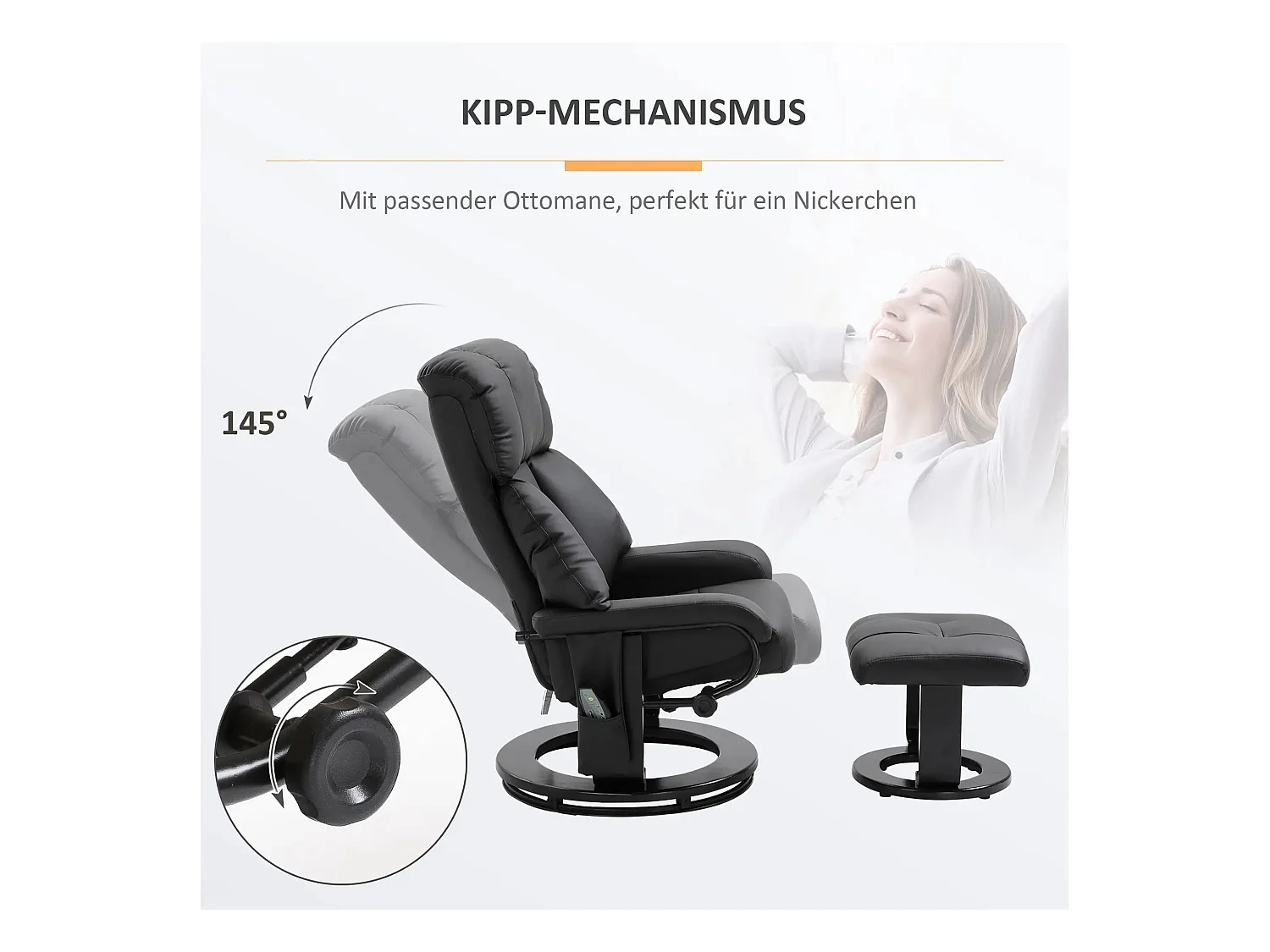 Fauteuil de relaxation avec massage, simili cuir, noir, repose-pieds, (76x80x102 cm)