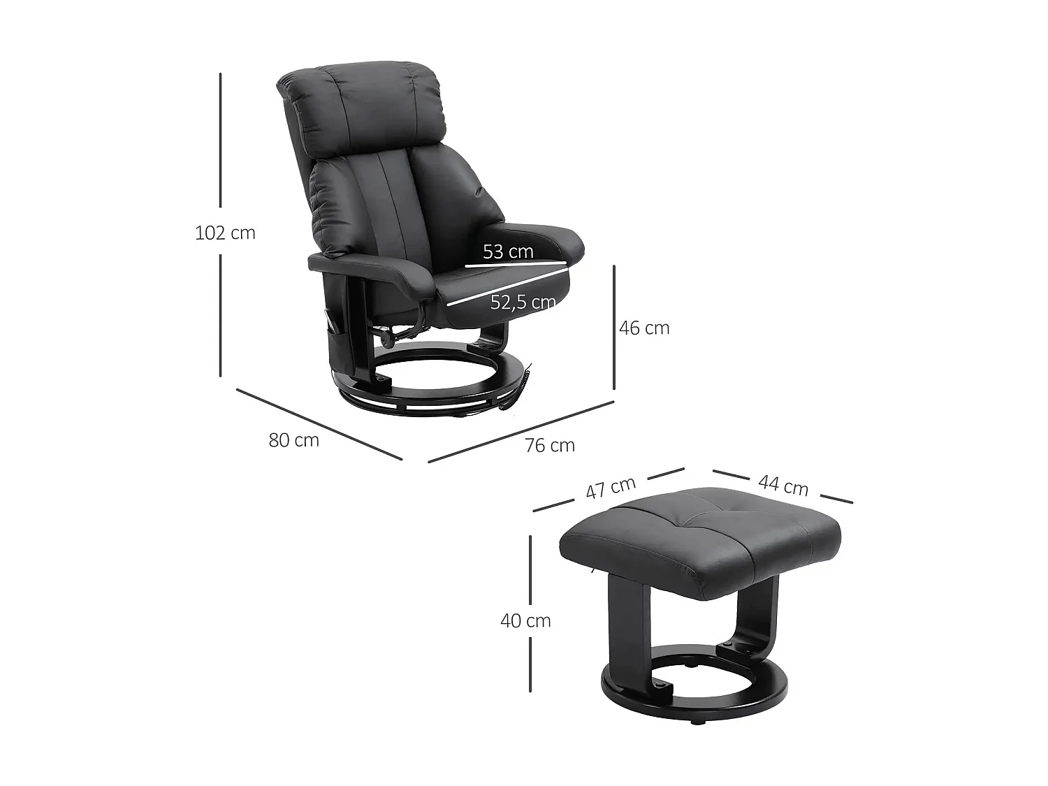 Fauteuil de relaxation avec massage, simili cuir, noir, repose-pieds, (76x80x102 cm)