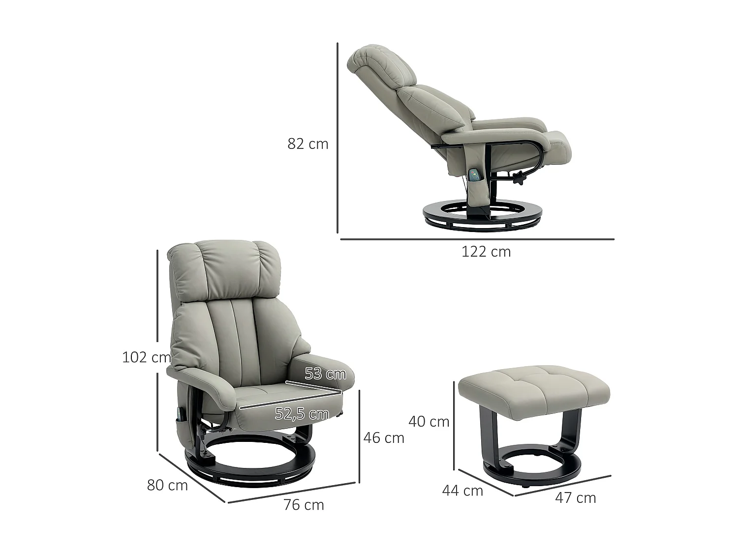 Fauteuil relax avec repose-pieds, fonction de massage, cuir synthétique, gris (76x80x102 cm)