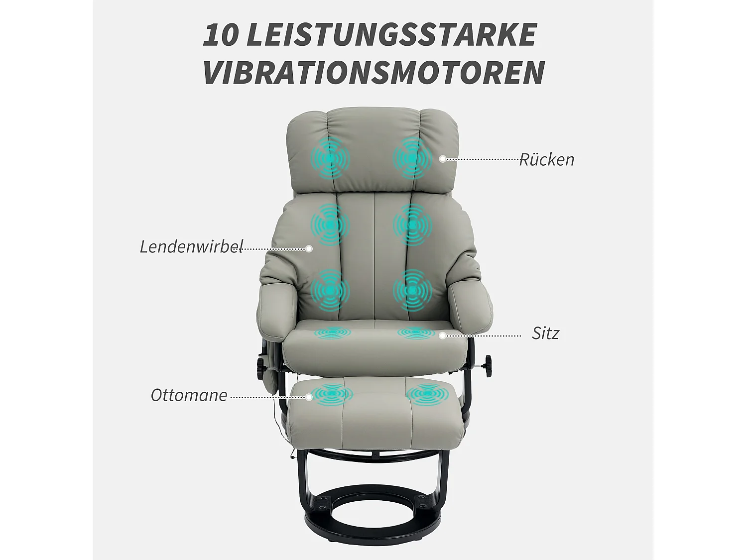 Fauteuil relax avec repose-pieds, fonction de massage, cuir synthétique, gris (76x80x102 cm)