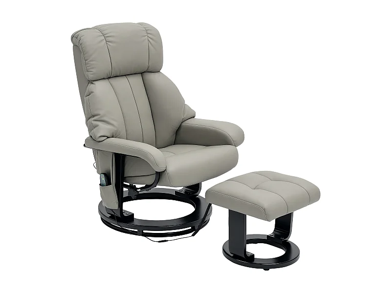 Fauteuil relax avec repose-pieds, fonction de massage, cuir synthétique, gris (76x80x102 cm)